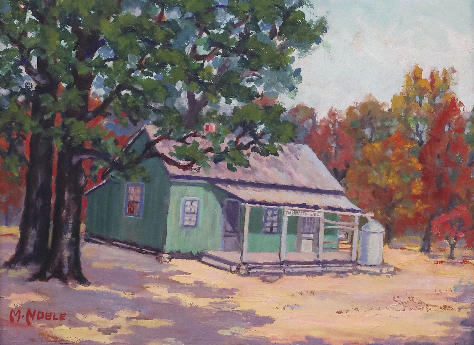 'MAMIE' MARY JONES NOBLE (TX, 1871-1958) OIL PAINTING, THE HUNTER'S DEN: Framed oil on board painting, The Hunter's Den, signed lower left M. Noble (Mary "Mamie" Cornelia Jones Noble, Texas, 1871-1958), small paint losses lower right quadrant, sight: approx 11.5"h, 15 5/8"