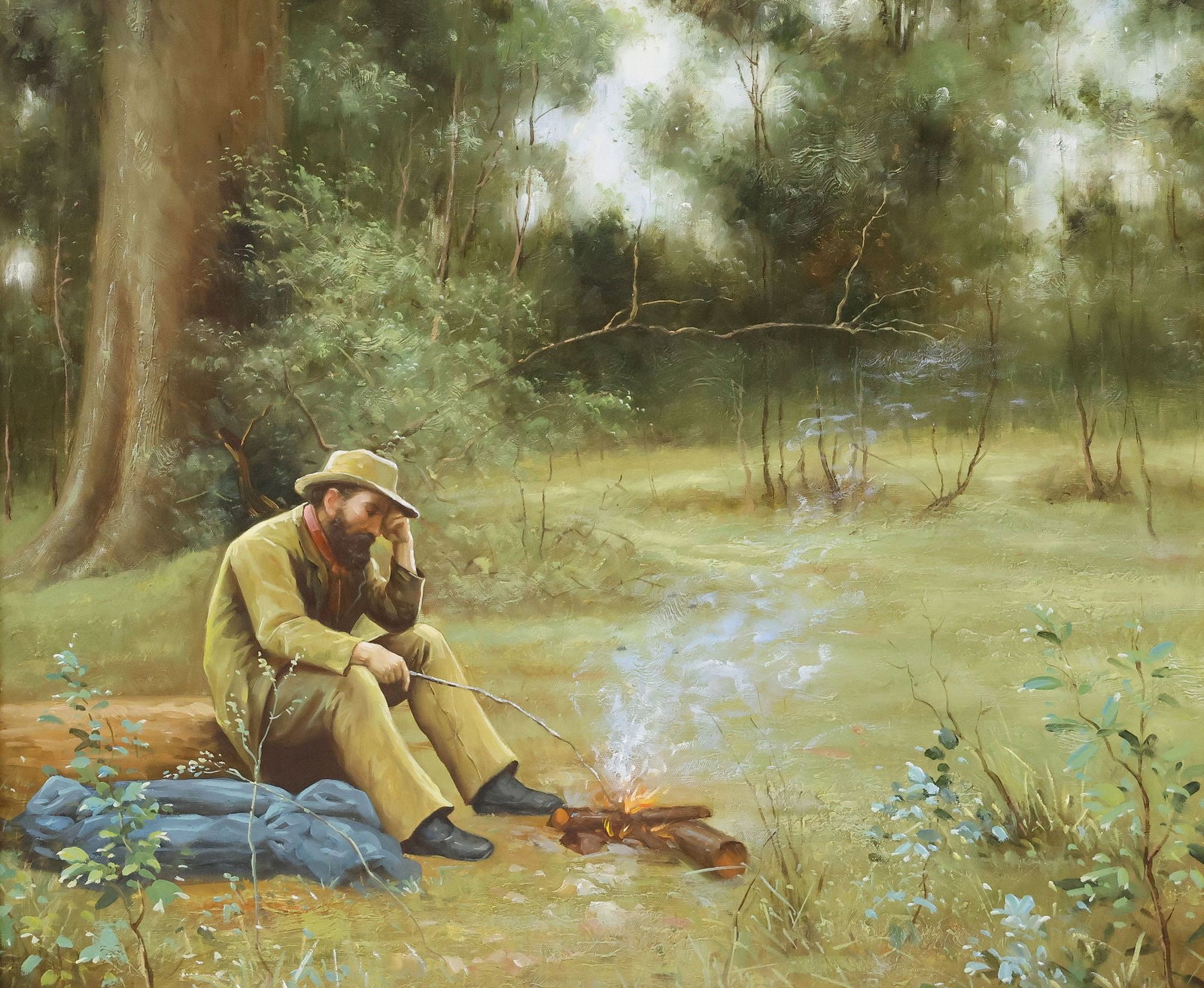 AFTER FREDERICK McCUBIN (1855-1917) PAINTING, 'DOWN ON HIS LUCK': Framed oil on canvas painting, "Down on His Luck," after the original by Frederick McCubbin (Australian, 1855-1917), apparently unsigned, sight: approx 19.5"h, 23.5"w, overall: approx 27.25"h, 31.5"w,