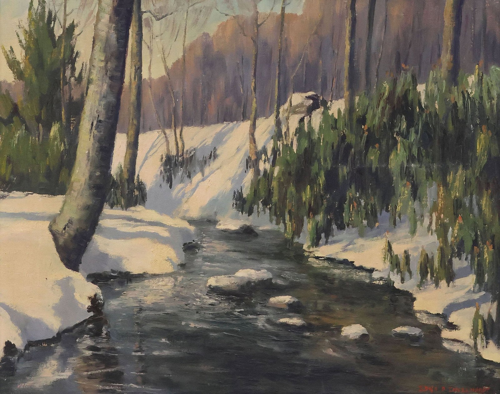 EDNA PALMER ENGELHARDT (1897-1991) OIL PAINTING, WINTER LANDSCAPE: Framed oil on canvas painting, Snow Scene, signed lower right Edna P. Engelhardt (Edna Palmer Engelhardt, American, 1897-1991), sight: approx 15 3/8"h, 19.5"w, overall: approx 21"h, 25"w, 4.75lbs