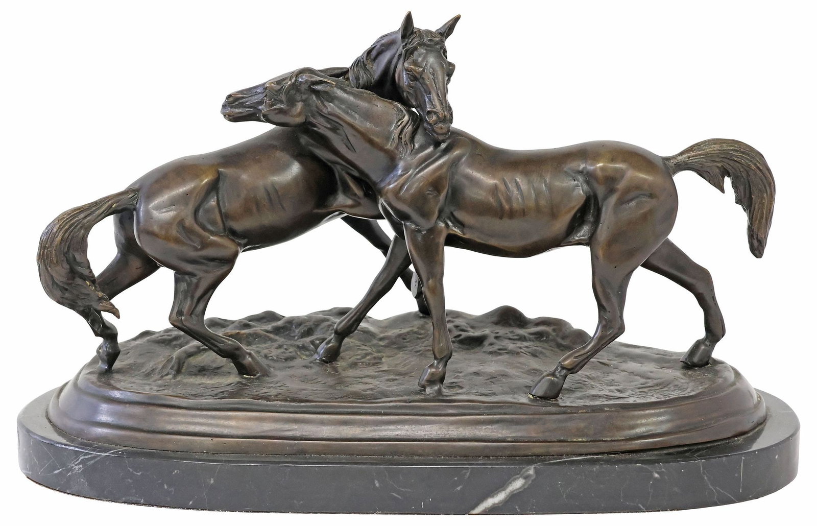 AFTER PIERRE JULES MENE (D.1879) BRONZE HORSE SCULPTURE, 'L'ACCOLADE': Patinated bronze sculpture, "L'accolade (The Accolade)," after Pierre Jules Mene (French, 1810-1879), depicting two horses standing on naturalistic base, raised on integral black marble plinth, overal