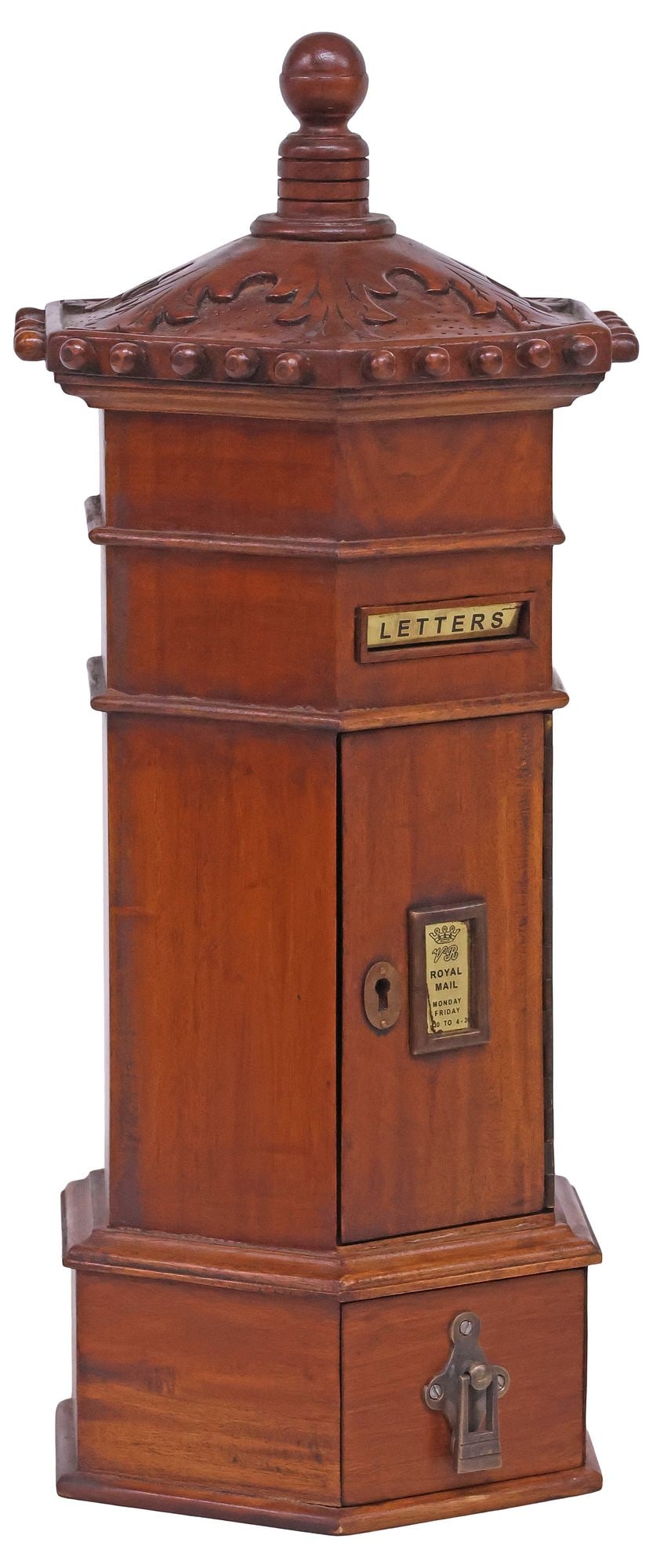 ENGLISH CARVED MAHOGANY PILLAR-FORM LETTER BOX: English mahogany letter box, late 20th/ 21st c., of pillar form, a finial centering the acanthus carved cover, hexagonal case with brass "Letters" slot and "VR Royal Mail 8:30 to 4:30" plaque on the d