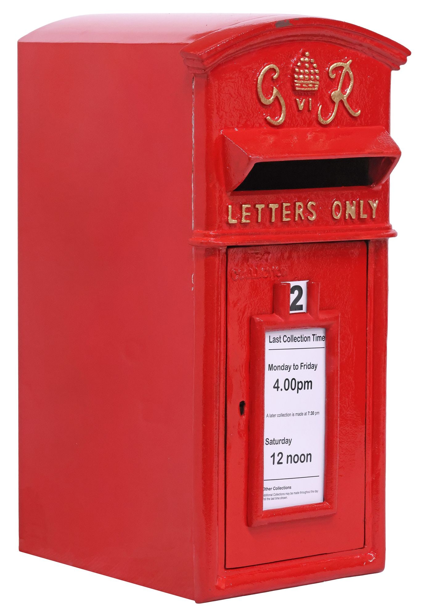 DECORATIVE ENGLISH RED METAL POST / MAILBOX WITH GEORGE VI ROYAL CYPHER: British metal post/ letter box, 21st c., after the original Carron Company model, painted red with parcel-gilt accents, George VI Royal Cypher emblem at front face, approx 23"h, 11"w, 14"d, 39lbs