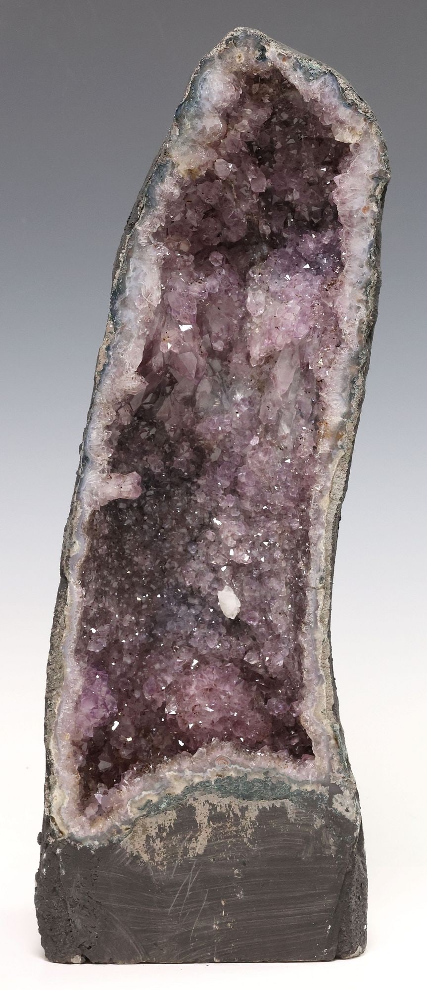 LARGE GEOLOGICAL AMETHYST CATHEDRAL GEODE, 17.75"H: Large amethyst cathedral geode specimen, approx. 17.75"h, 6.25"w, 4.75"d, 19.8lbs