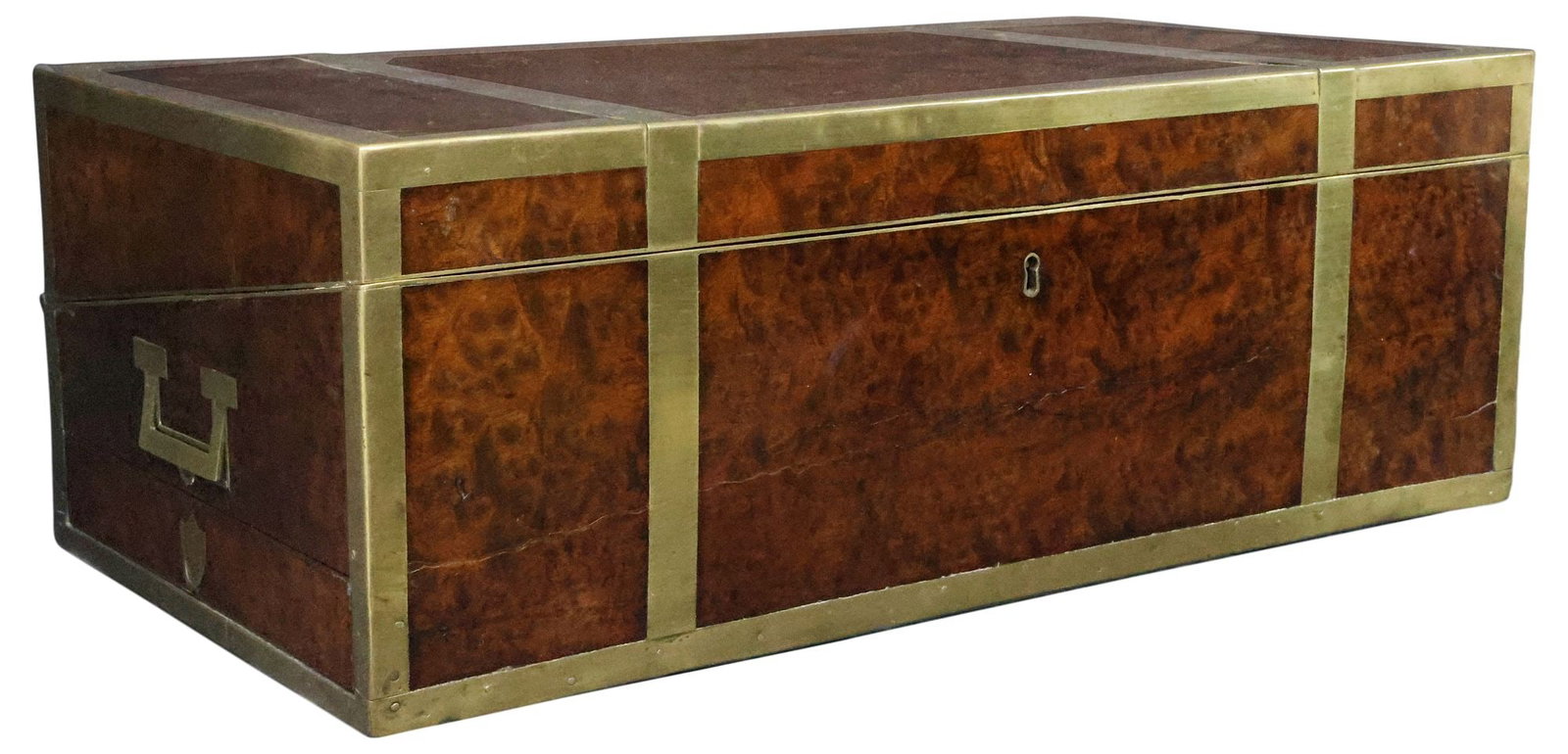 ENGLISH BRASS-BOUND BURR WALNUT CAMPAIGN WRITING SLOPE / TRAVEL DESK: Large English brass-bound burr walnut campaign writing slope/ travel desk, early/ mid 19th c., wide brass straps on the case, inset side handles, fitted interior with cubbies, worn velvet writing surf