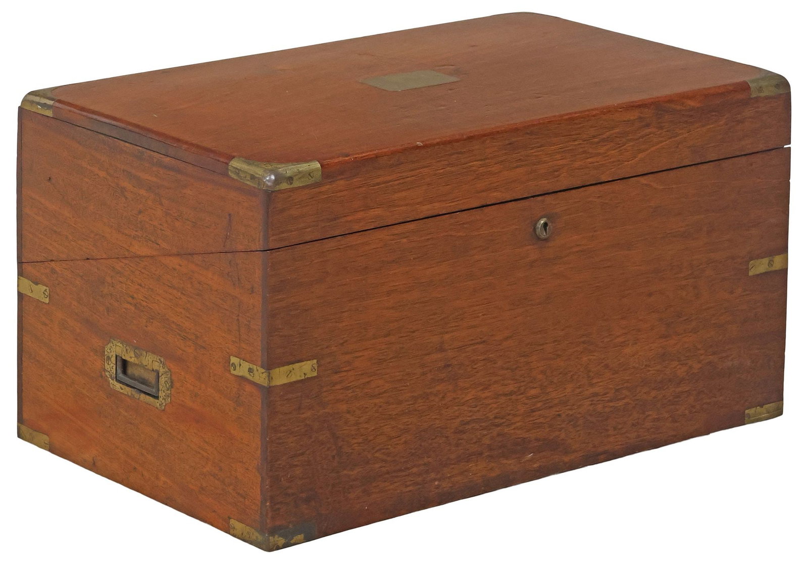 ENGLISH BRASS-BOUND MAHOGANY CAMPAIGN WRITING SLOPE / TRAVEL DESK: English brass-bound teak campaign writing slope/ storage chest, 19th c., the rectangular case with vacant brass cartouche, brass corner mounts, and inset side handles, opening to a fitted interior wit