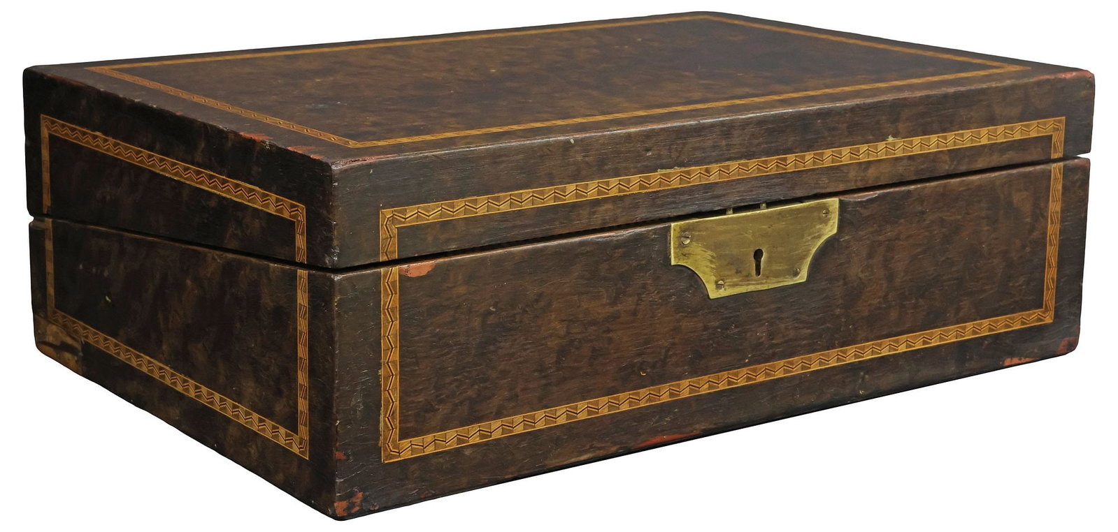 ENGLISH BURR WALNUT & PARQUETRY LINEWORK WRITING SLOPE / TRAVEL DESK: English burr walnut writing slope/ travel desk, 19th c., the case with geometric parquetry linework throughout, large brass escutcheon, well-fitted interior with covered pencil trough on springs, ink 