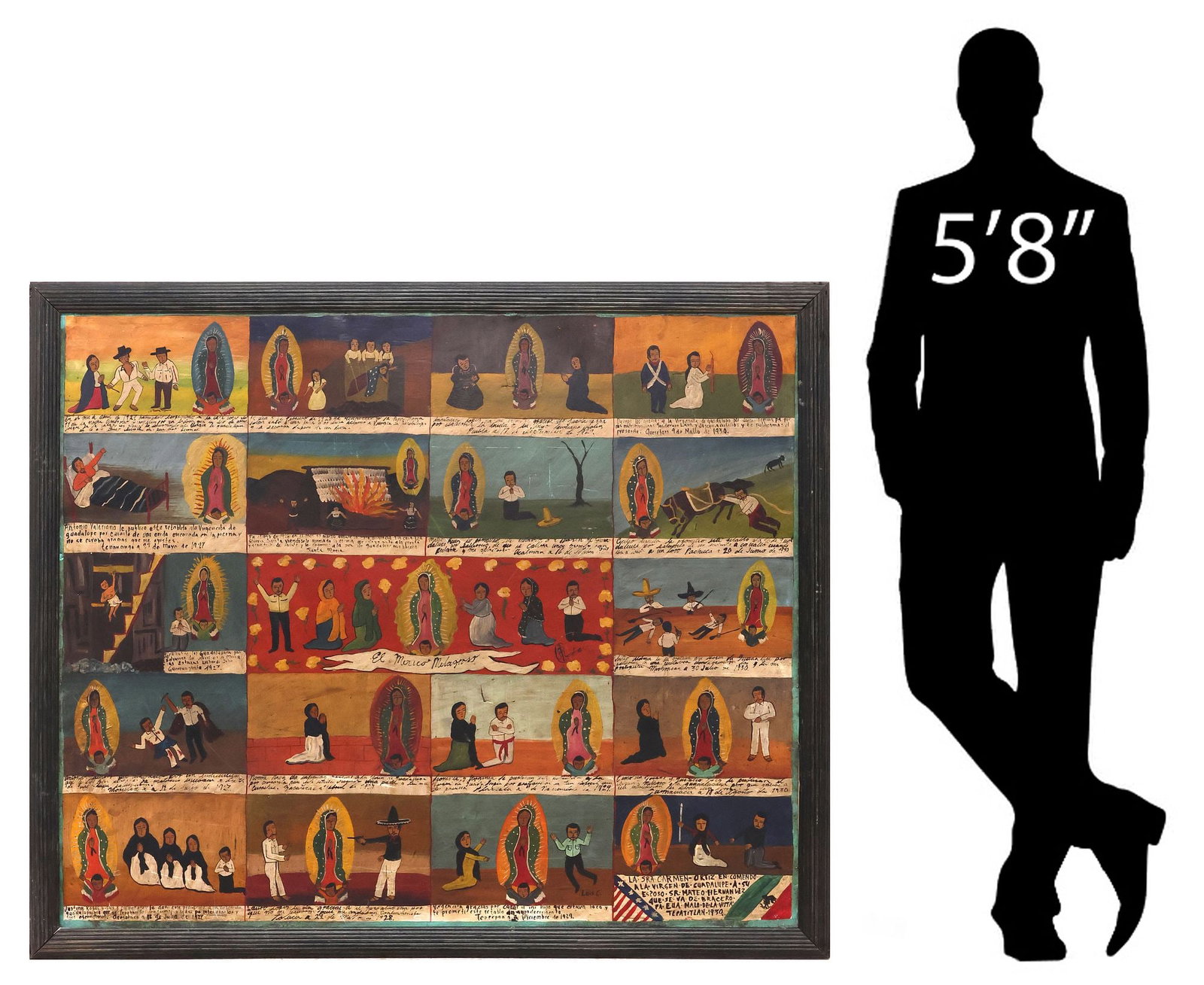 RAFAEL RODRIGUEZ CONTRERAS (MEXICO, B.1974) LARGE EX-VOTO RETABLO: Large framed oil on tin retablo, "El Mexico Malagraso (The Mexico of Miracles)," signed lower right of central panel RRC (Rafael Rodriguez Contreras, Mexican, b.1974), with nineteen ex voto scenes, de