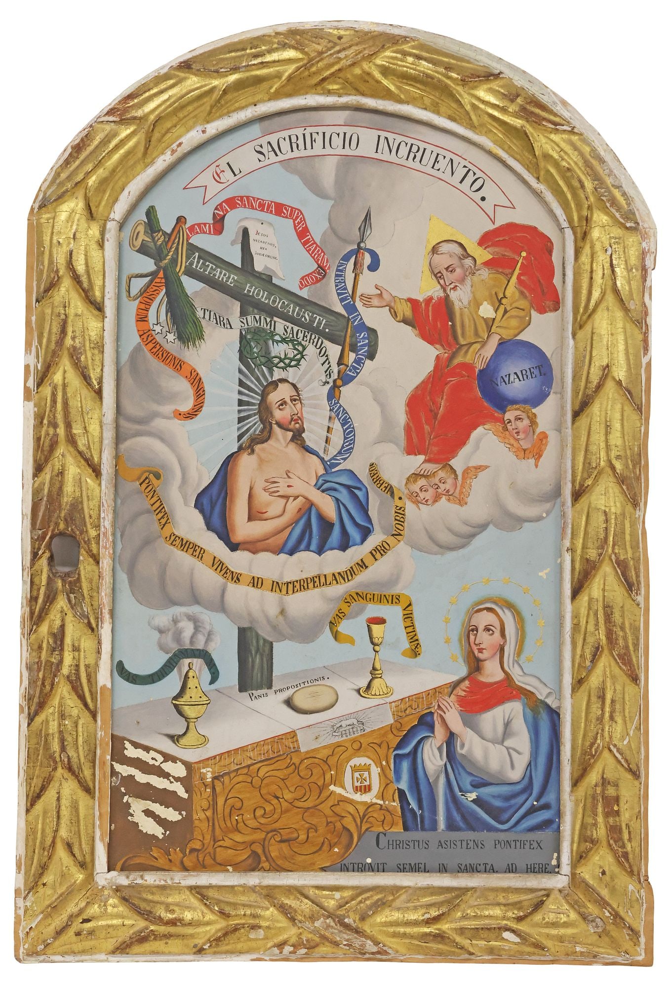 SPANISH COLONIAL PAINTED GILTWOOD TABERNACLE DOOR, HOLY EUCHARIST: Spanish Colonial architectural tabernacle door, "El Sacrificio Incruento (The Bloodless Sacrifice)," Guatemala, 19th c., arched giltwood frame with raised foliate motifs, encasing tempura on panel pai