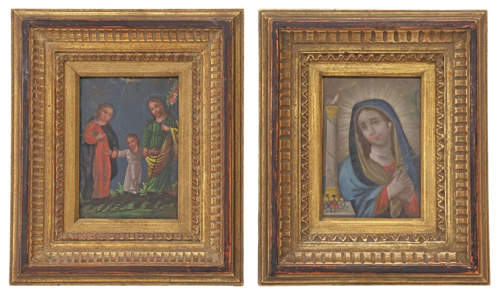 (2) FRAMED OIL ON TIN RETABLOS, THE HOLY FAMILY & OUR LADY OF SORROWS: (lot of 2) Framed oil on tin retablos, Mexico, including; (1) La Sagrada Familia (The Holy Family), sight: approx 6.5"h, 4.5"w, overall: approx 12.5"h, 10.5"w; (1) Nuestra Senora de los Dolores (Our L