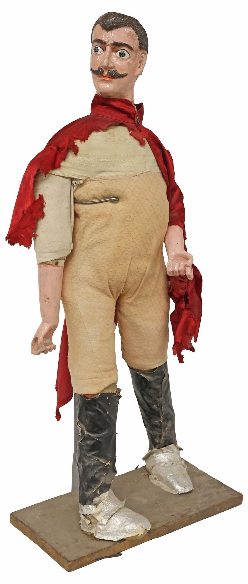 LARGE EASTER PROCESSIONAL MALE SANTO FIGURE, ECUADOR, 19TH C.: Folk art polychrome-painted carved wood processional figure, Ecuador, 19th c., likely intended for use in an Easter procession, modeled as a male figure with moustache, remnants of red vestments, with