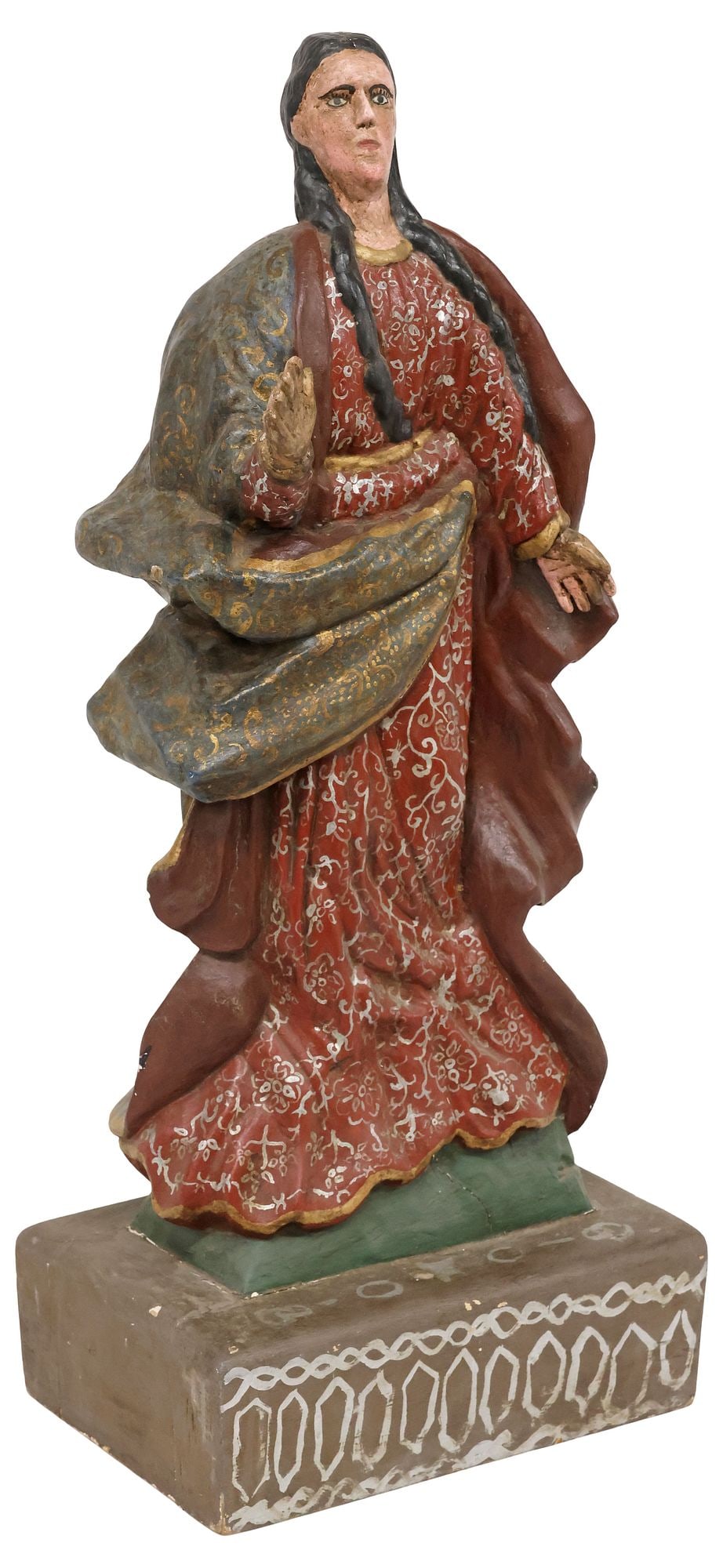 CARVED & PAINTED RELIGIOUS SANTO FIGURE, VIRGIN MARY, GUATEMALA, 19TH C.: Folk art carved and painted wood religious santo/ altar figure, Virgin Mary, Guatemala, 19th c., draped in polychrome, gilt and silver-painted robes, on a rectangular base, approx 15"h, 10 7/8"w, 7.25