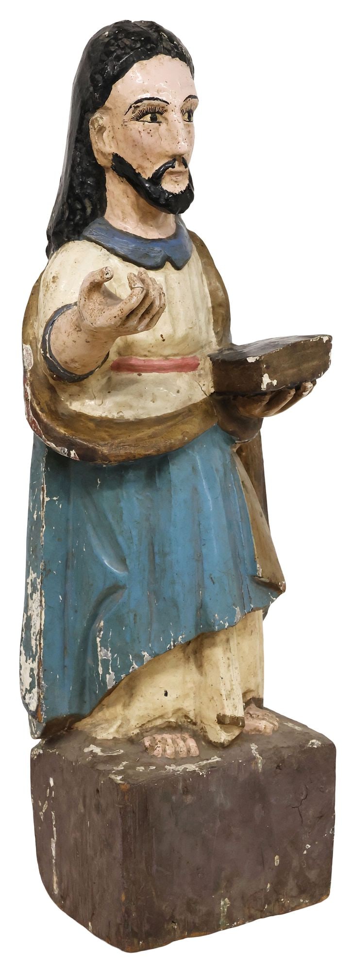 CARVED & PAINTED WOOD SANTO FIGURE, 'DIVINO MAESTRO,' GUATEMALA, 19TH C.: Folk art carved and polychrome painted religious santo figure, Christ the Teacher (Cristo Maestro), Guatemala, 19th c., modeled as Jesus in parcel-gilt drapery, one hand extended in a gesture of bless