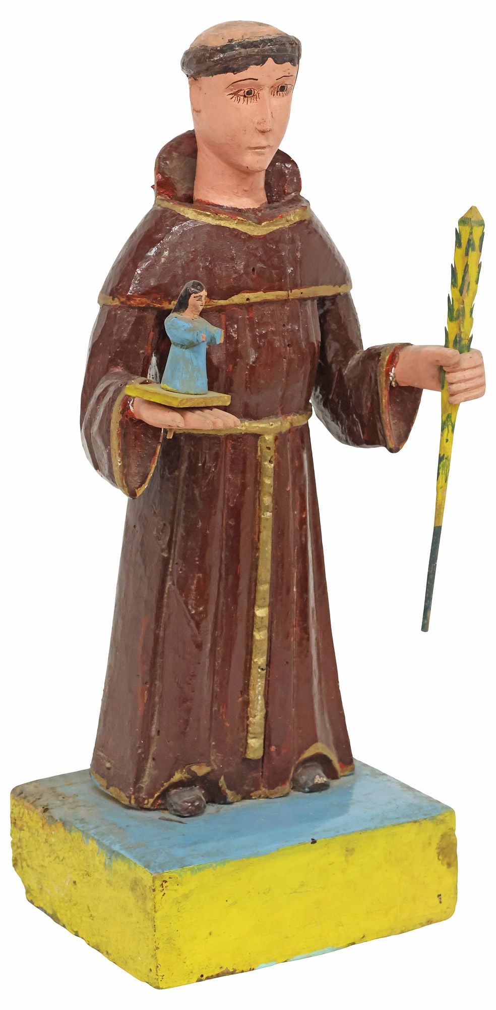CARVED & PAINTED WOOD SANTO FIGURE, ST. ANTHONY & CHRIST CHILD, MEXICO, 19TH C.: Folk art carved and polychrome painted santo figure, Saint Anthony of Padua, Puebla, Mexico, 19th c., draped in burgundy red robes with parcel-gilt accents, holding infant Christ on closed book, risin