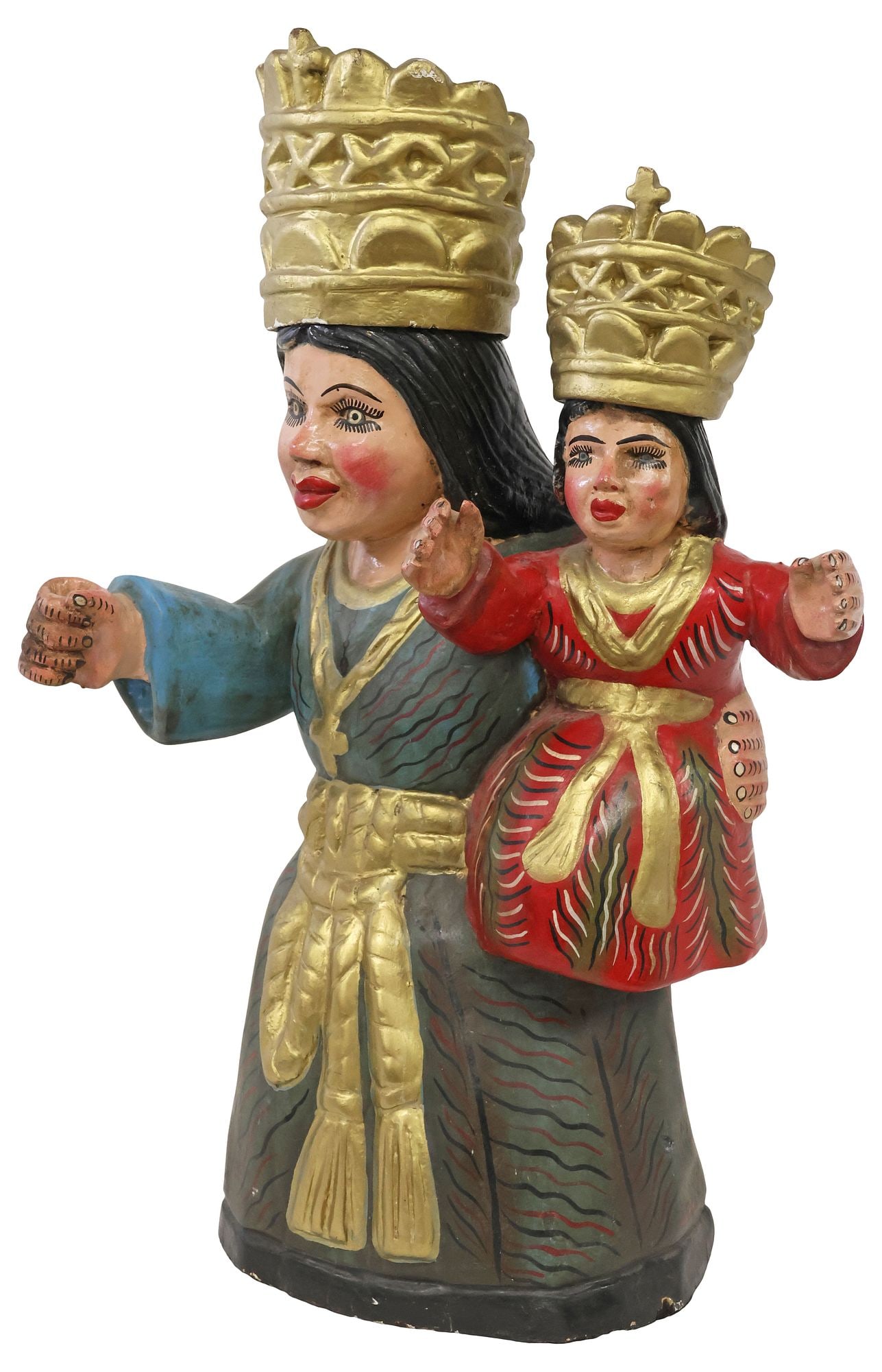 LARGE CARVED & PAINTED WOOD SANTO FIGURE, MADONNA & CHILD, MEXICO: Folk art carved and polychrome painted santo figure, Virgin Mary and Christ Child, Guerrero, Mexico, late 20th c., draped in parcel-gilt blue and red robes, on oval plinth base, approx 27.5"h, 18.5"w,