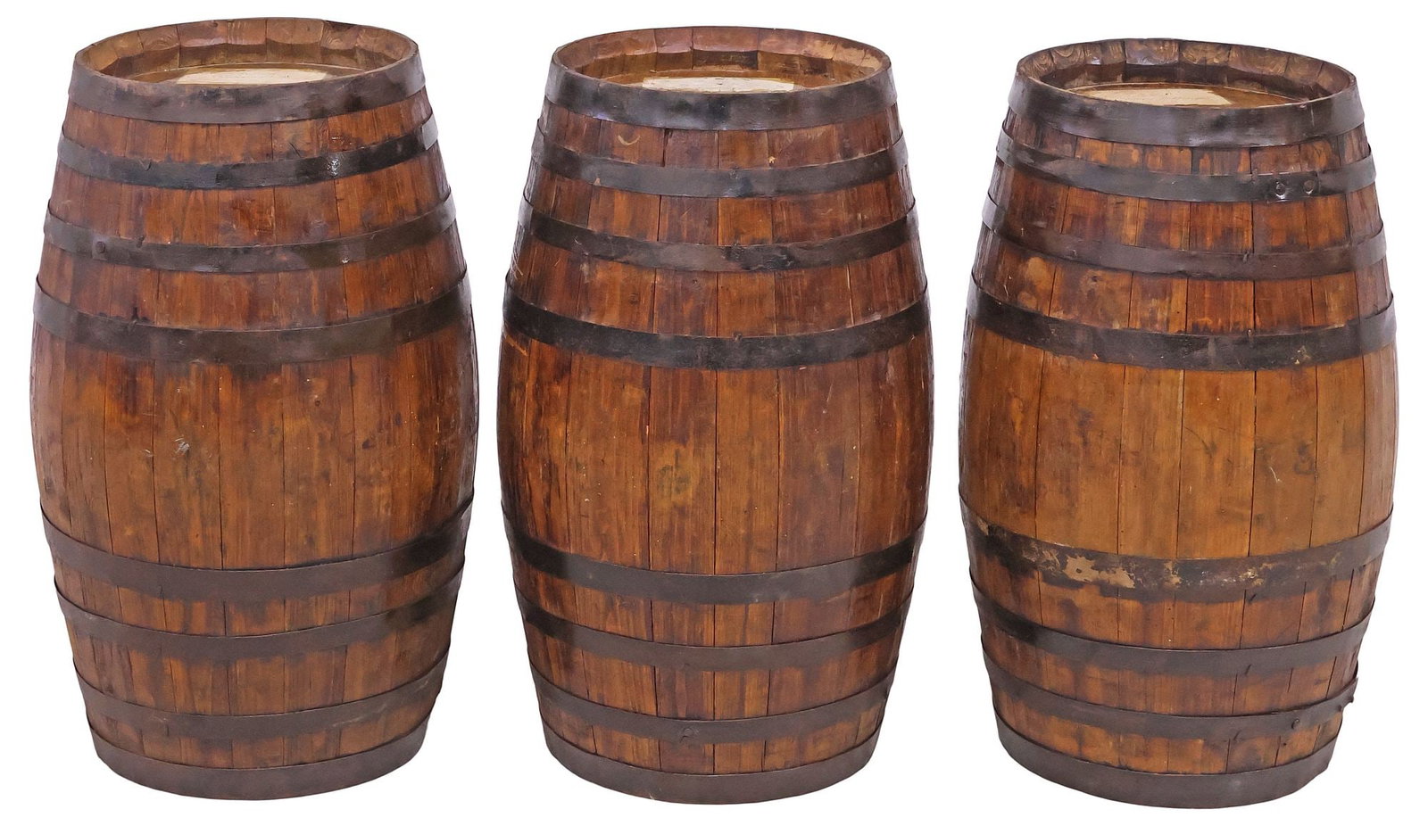 (3) ITALIAN IRON-BANDED COOPERED OAK WINE BARRELS: (lot of 3) Italian coopered oak wine barrels, early 20th c., each with iron banding, each retaining shipper's label, slightly varied sizes, largest: approx 27"h, 15.5"diam