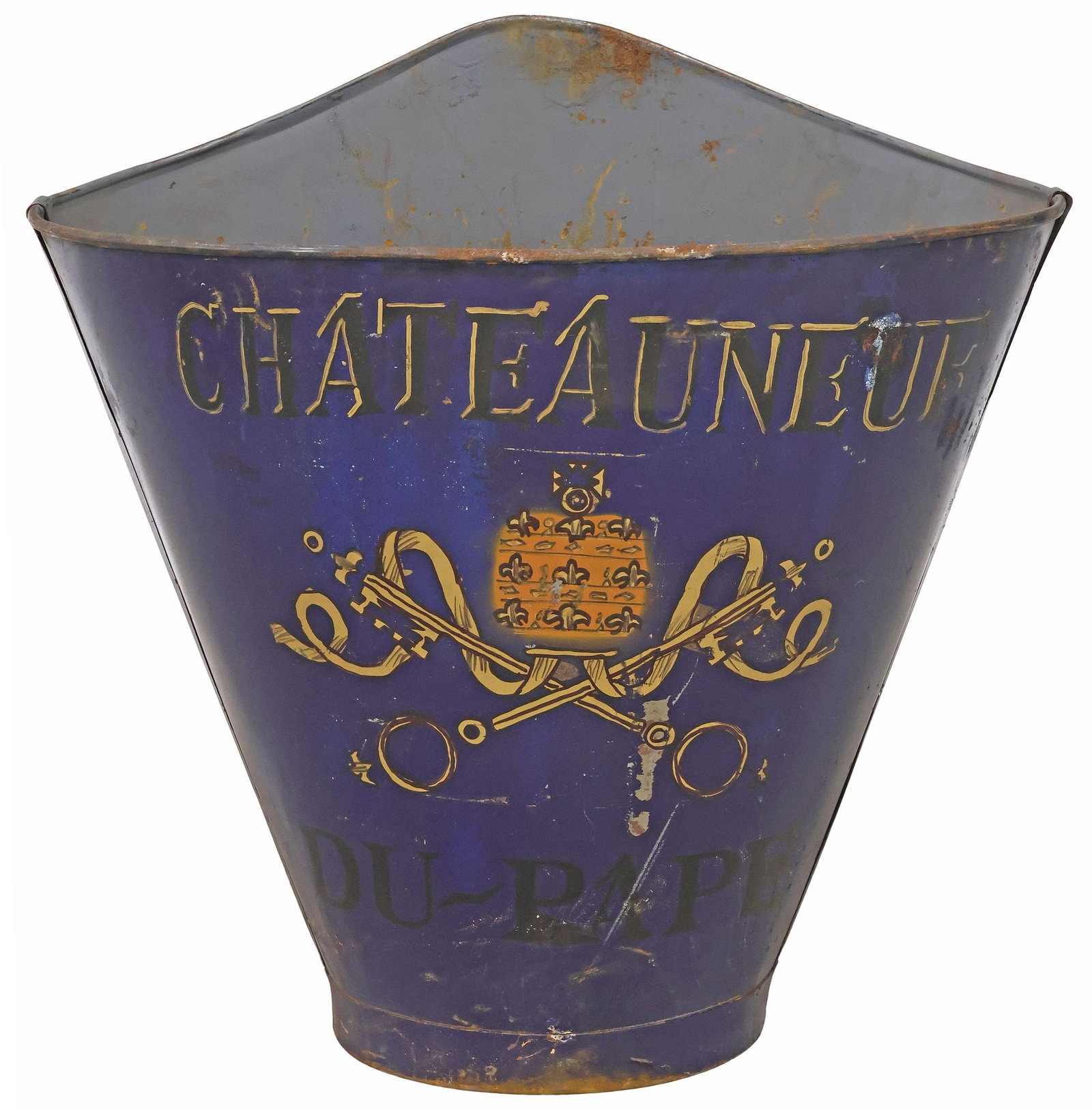 FRENCH VINEYARD PAINTED METAL GRAPE PICKER'S HOTTE / HOD: French paint-decorated galvanized metal grape picker's hotte/ hod, 20th c., stenciled Chateauneuf Du Pape logo with Saint Peter's keys and papal tiara, retaining remnants of worn leather straps, appro