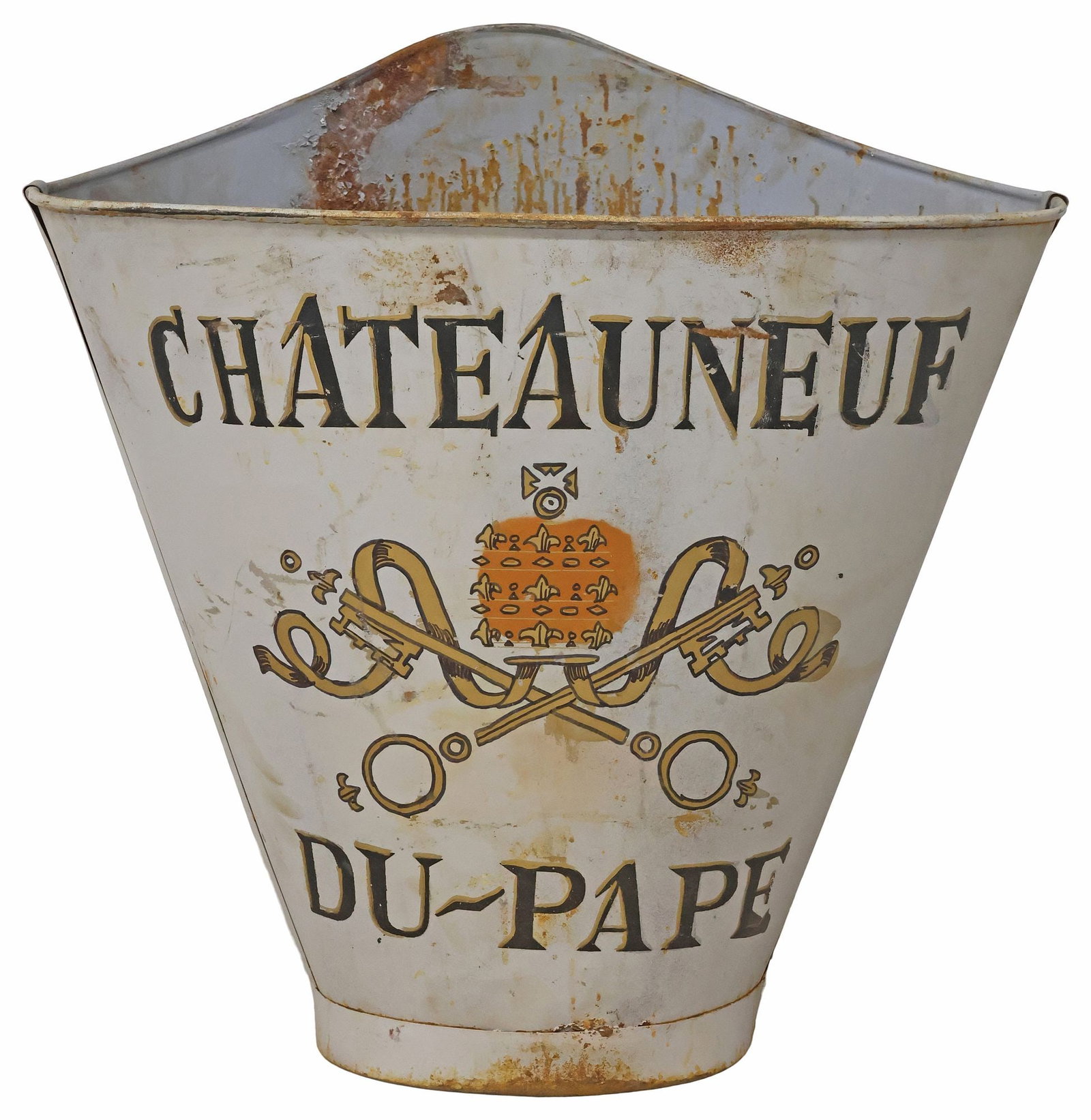 FRENCH VINEYARD PAINTED METAL GRAPE PICKER'S HOTTE / HOD: French paint-decorated galvanized metal grape picker's hotte/ hod, 20th c., stenciled Chateauneuf Du Pape logo with Saint Peter's keys and papal tiara, retaining remnants of worn leather straps, appro