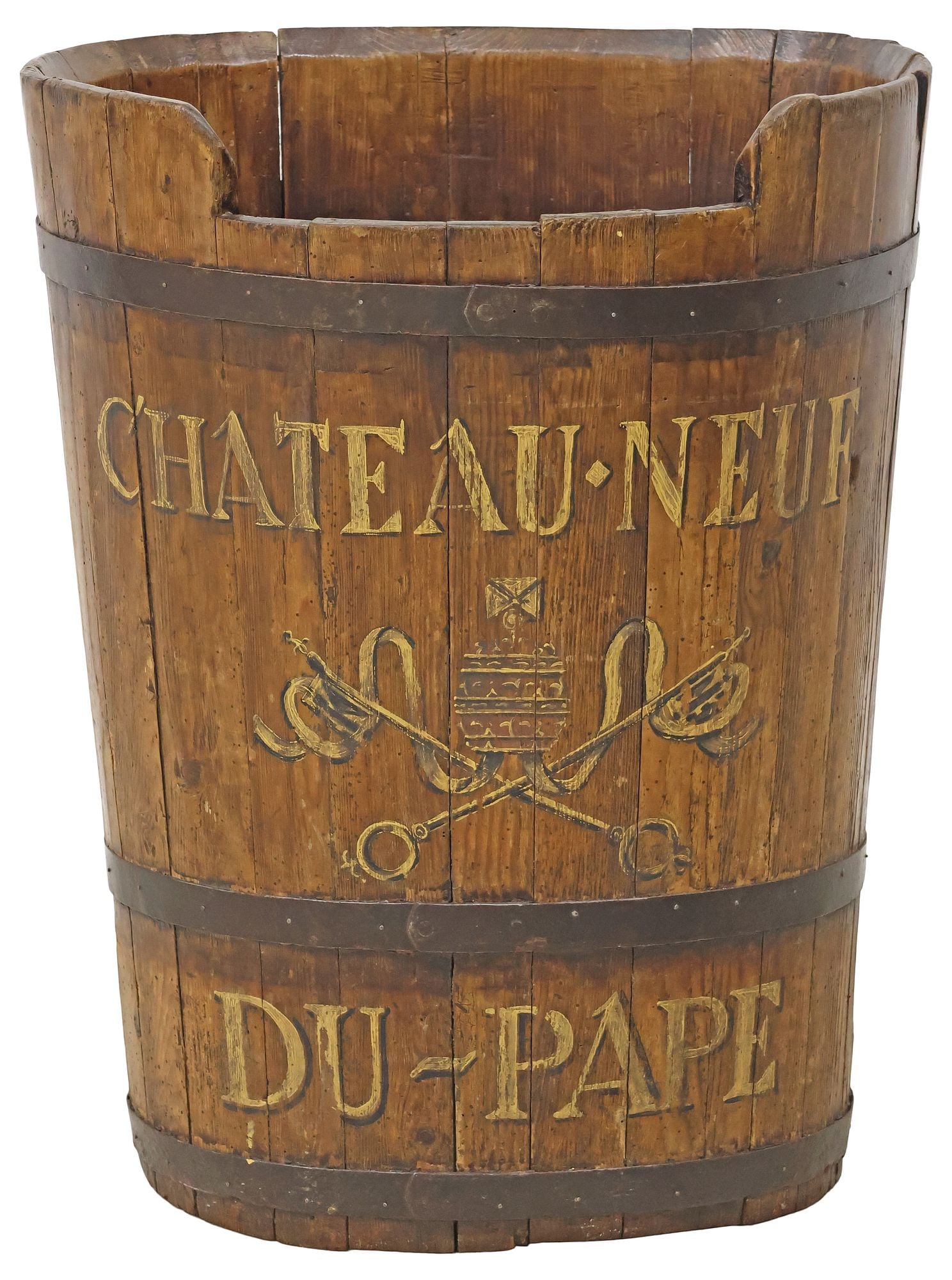 FRENCH VINEYARD IRON-BOUND & PAINTED SLATTED GRAPE PICKER'S HOD / HOTTE: French paint-decorated pine stave grape harvest hod/ hotte, early 20th c., of slatted stave construction with iron strapping, stenciled Chateauneuf Du Pape logo with Saint Peter's keys and papal tiara
