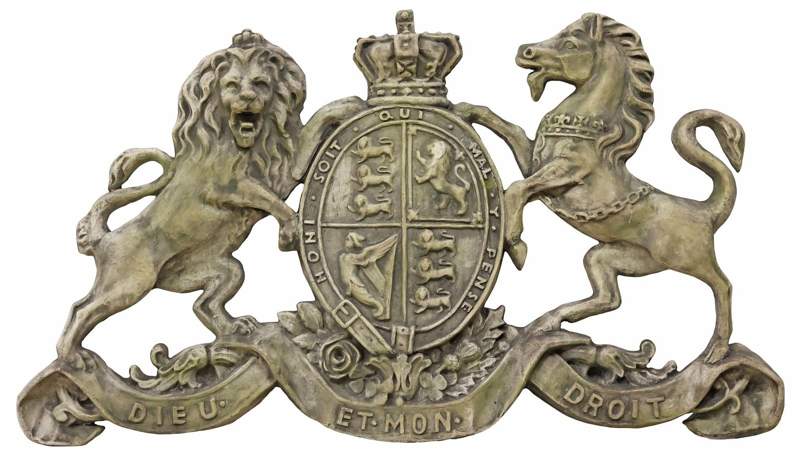 LARGE CAST STONE GARDEN PLAQUE, ROYAL COAT OF ARMS OF THE UNITED KINGDOM: Large cast stone garden sculpture, Royal Coat of Arms of the United Kingdom, approx 35"h, 59.5"w, 3.5"d **PLEASE NOTE: All of the cast stone and garden pieces in this auction have inherent flaws and e