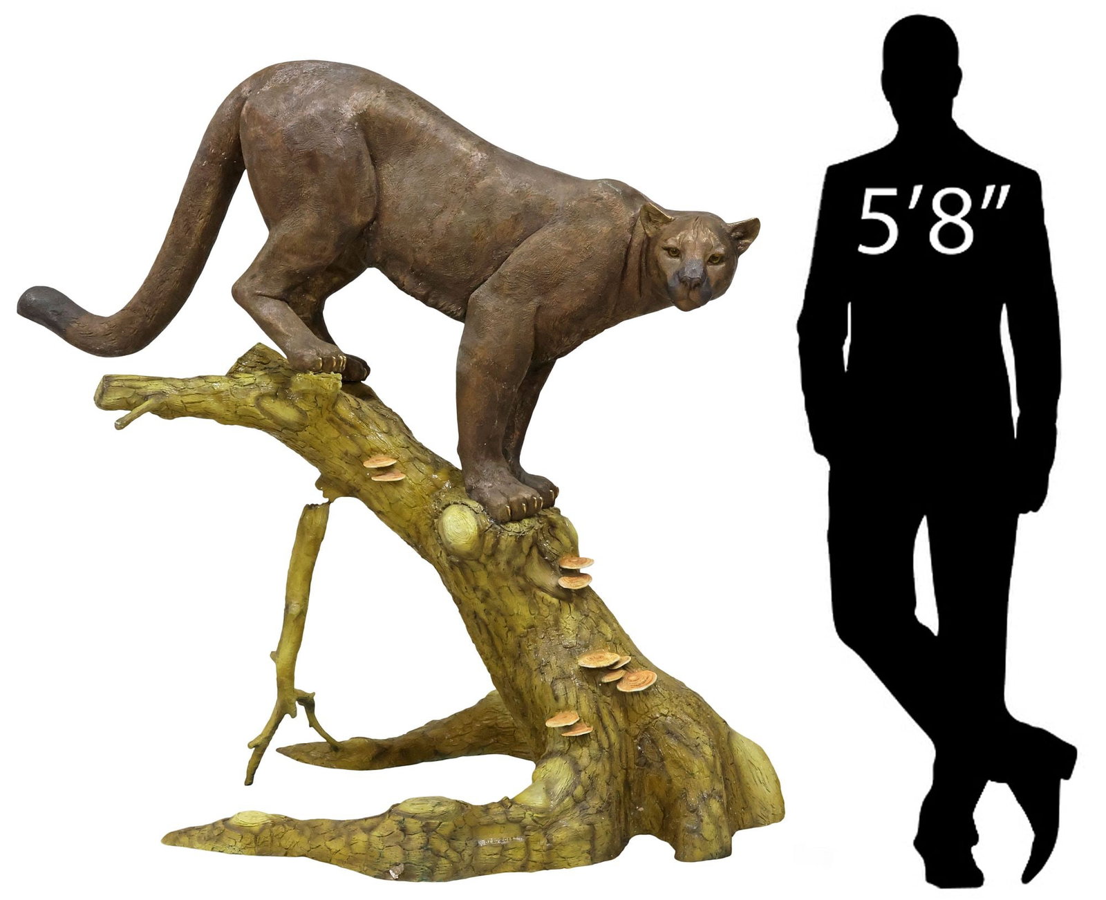 JACOB DAGAN (20TH C.) LIFE-SIZE WILDLIFE BRONZE, MOUNTAIN LION, 66.5"H: Monumental life-sized cold-painted bronze wildlife sculpture, Mountain Lion, signed in cast Jacob Dagan (20th c.), dated 2015, numbered 5/ 20, depicting the cat perched on a naturalistic tree branch, 