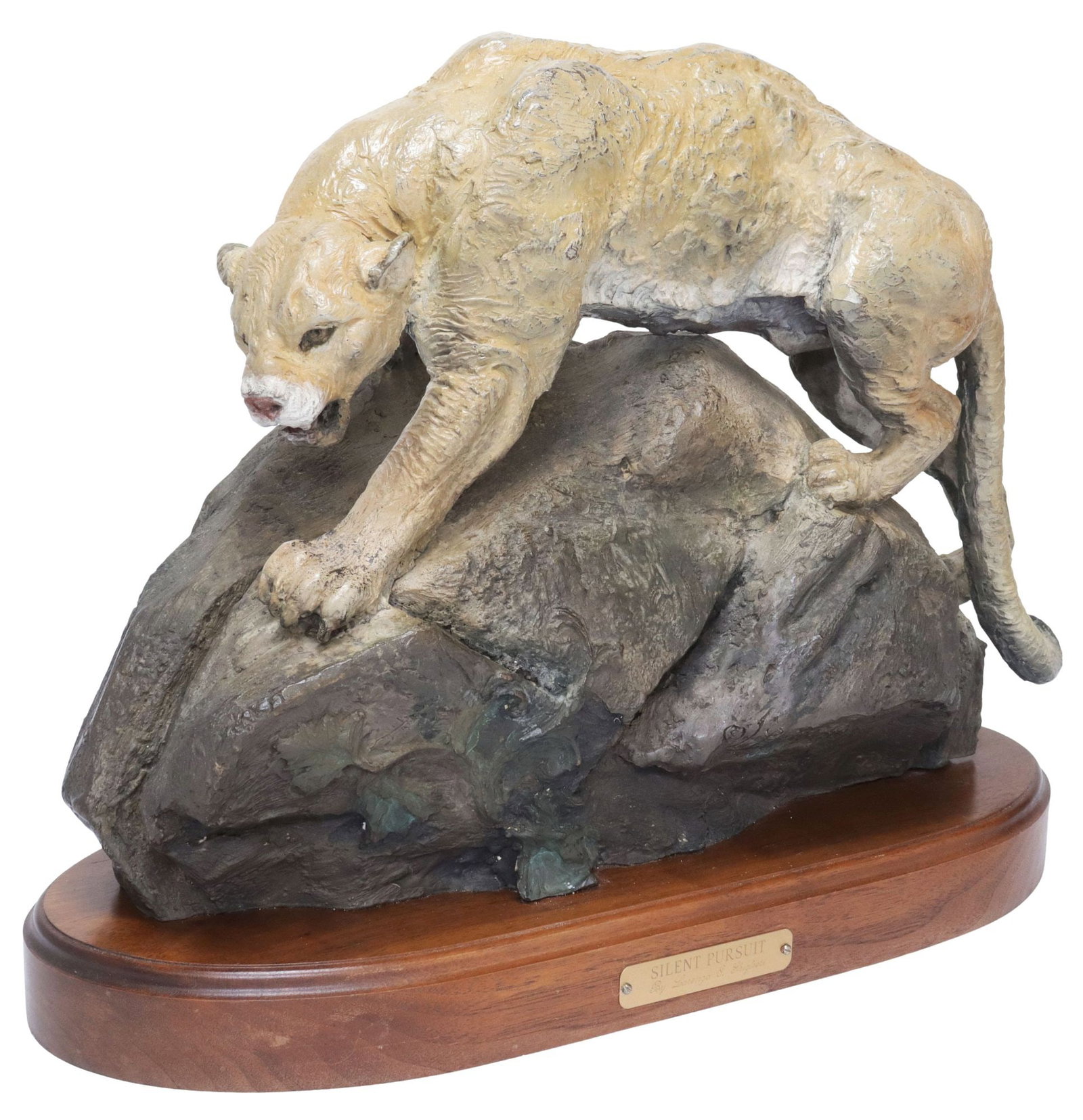 LORENZO E. GHIGLIERI (1931-2020) WILDLIFE PUMA BRONZE, 'SILENT PURSUIT': Cold-painted bronze sculpture, "Silent Pursuit," signed in cast Lorenzo Ghiglieri (Lorenzo E. Ghiglieri, California/ Oregon, 1931-2020), dated 2004, numbered 3/ 50, on integral wood platform, with emb