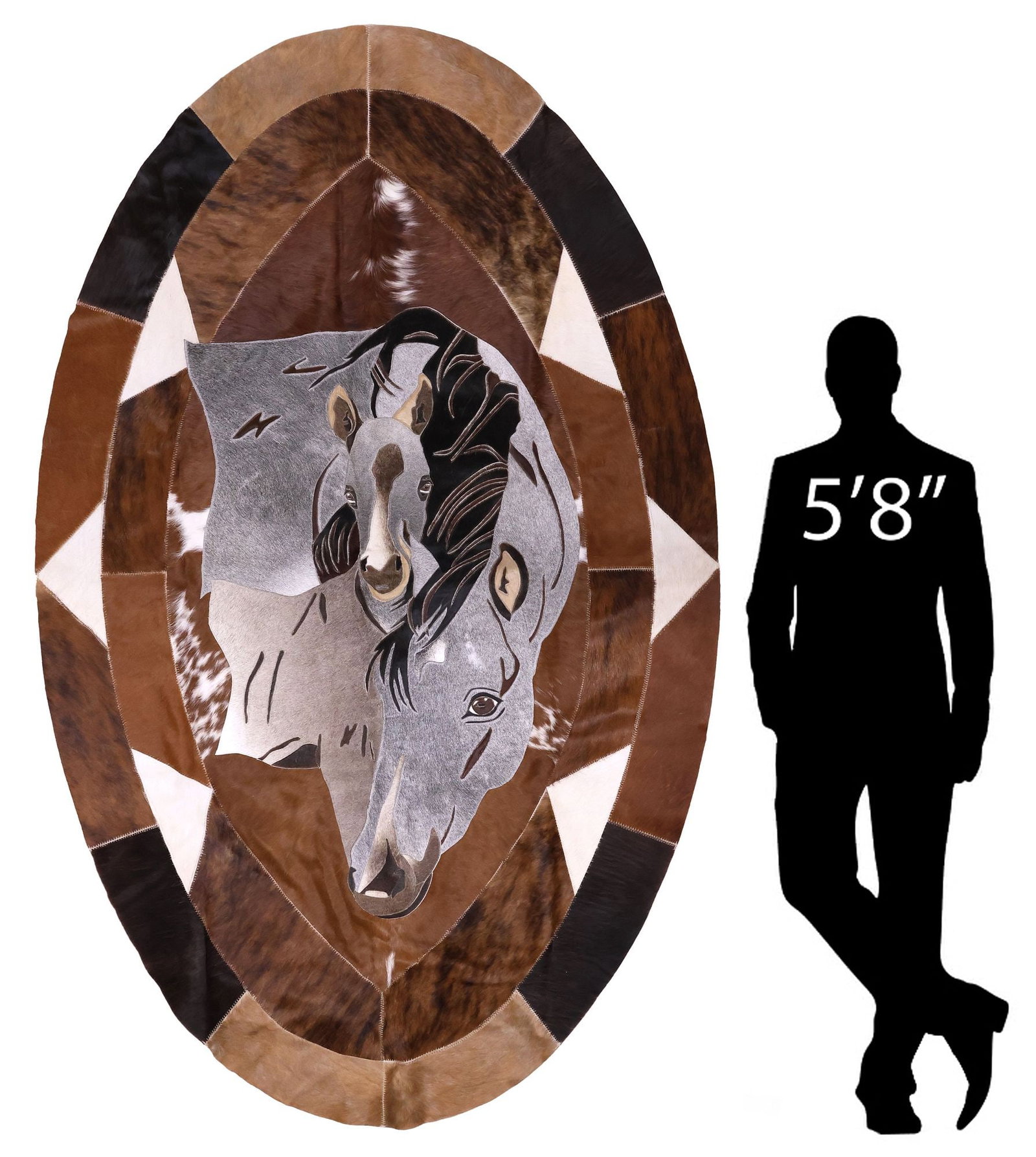 AFRICAN STITCHED COWHIDE PICTURE RUG, MOTHER HORSE & FOAL, 94" X 58.5": Decorative African stitched hide animal picture rug, Juliet and Thinta, depicting a mother horse and her foal, on patchwork oval background, maker's mark on back, approx 94"l, 58.5"w **Note: Juliet wa