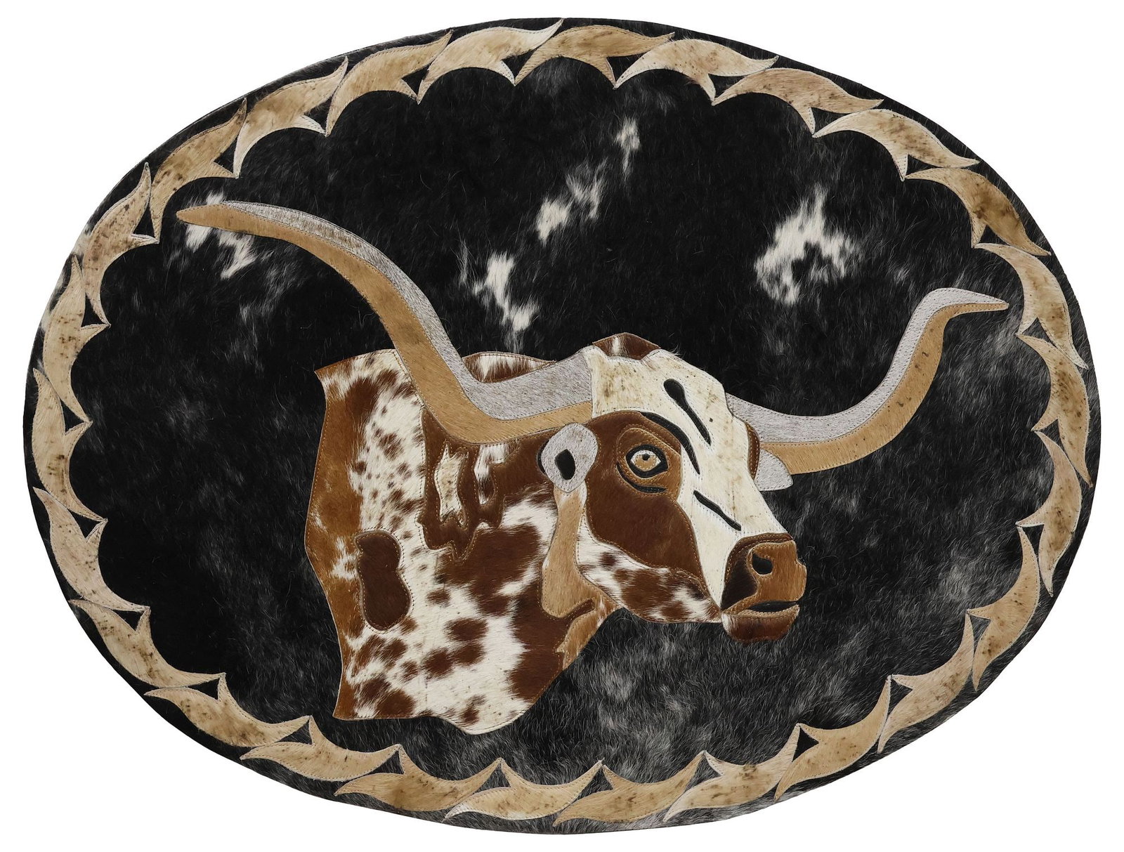 AFRICAN STITCHED COWHIDE WALL-HANGING ON BOARD, TEXAS LONGHORN, 28.5"H: Decorative African stitched hide wall-hanging animal picture, Texas Longhorn, on ovular black and white background with ornamental border, adhered to wood backboard, approx 28.5"h, 37.5"w, 7.75lbs **P