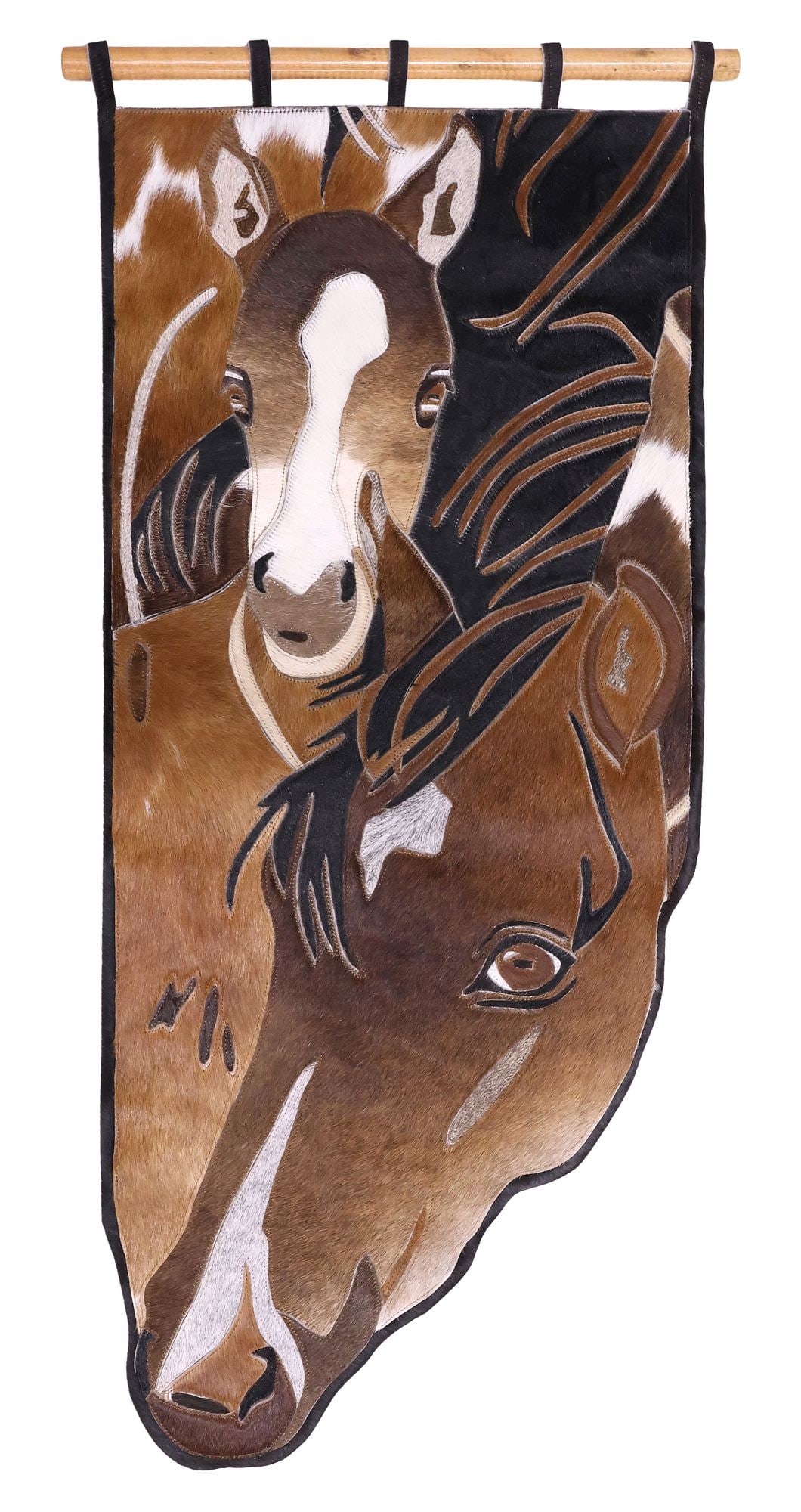 AFRICAN STITCHED COWHIDE WALL-HANGING, MOTHER HORSE & FOAL, 42"H: Decorative African stitched hide wall-hanging animal picture, Juliet and Thinta, depicting a mother horse and her foal, maker's mark on back, approx 42.25"h, 18"w, 2.5lbs **Note: Juliet was a dedicate