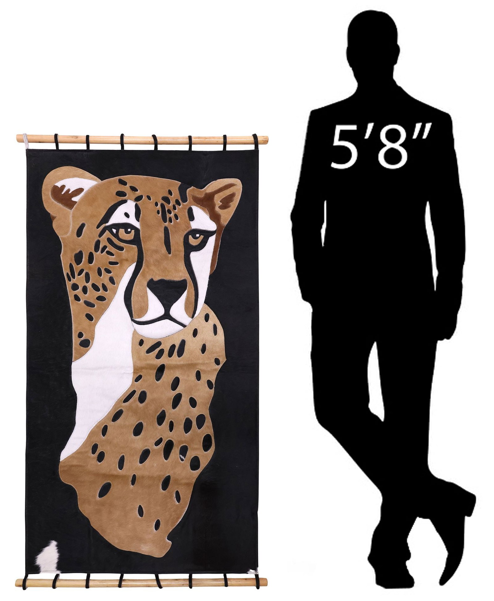 AFRICAN STITCHED COWHIDE WALL-HANGING, CHEETAH, 56"H: Decorative African stitched hide wall-hanging animal picture, Cheetah, on solid black ground, approx 56"h, 31.5"w, 7lbs **Provenance: Vukari Art, artisan-crafted from 100% Nguni Cowhide**