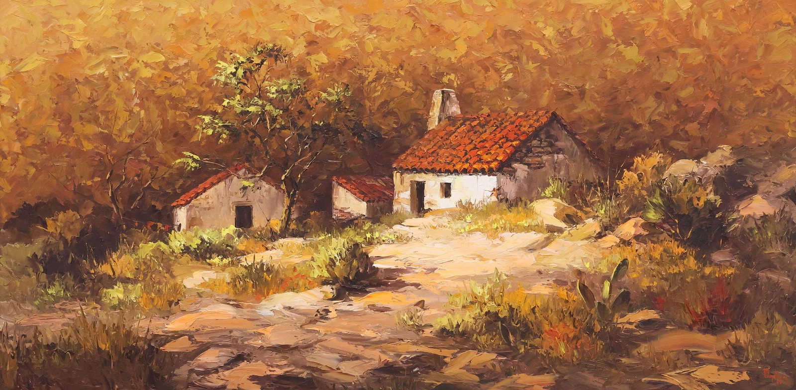 DALHART WINDBERG (TEXAS, B.1933) COUNTRY HOUSE LANDSCAPE, 20.5" X 40": Framed oil on board painting, Country House in Autumn Landscape, signed lower right Windberg (Dalhart Windberg, active in Texas, b.1933), dated [19]69, with gilt-metal artist's plaque, accompanied by 