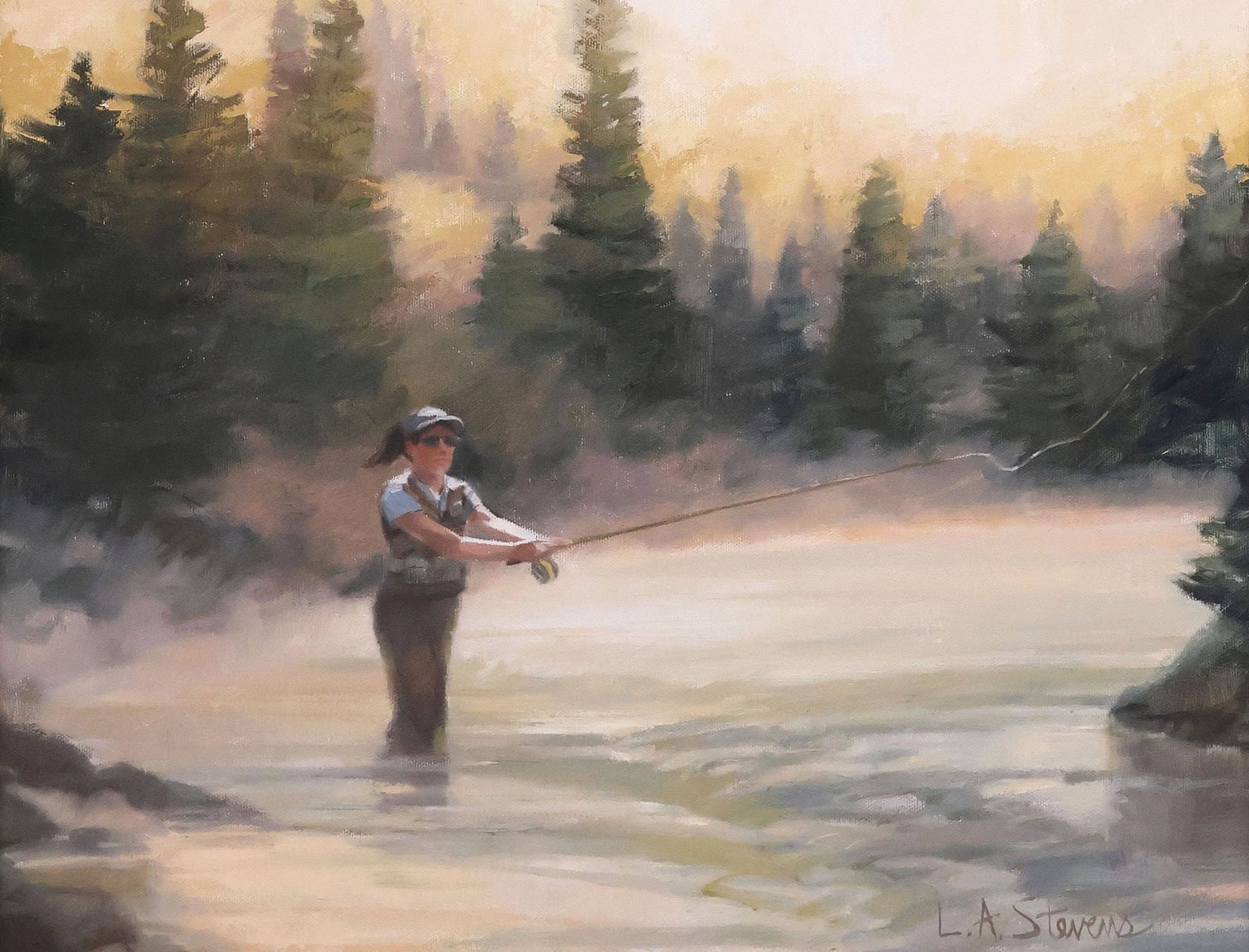 LAURIE STEVENS (MONTANA, B.1952) OIL PAINTING, 'A FOGGY MORN': Framed oil on canvas painting, "A Foggy Morn," signed lower right L.A. Stevens (Laurie Stevens, American, active in Montana, b. 1952), title and copyright on verso with additional signature and inscri