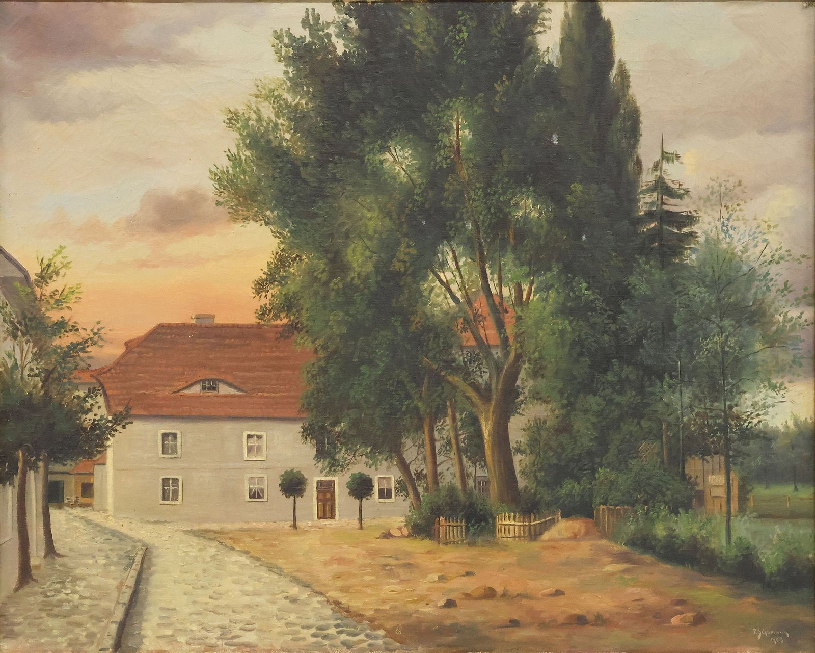 PAUL SCHUMAN (GERMAN, TEXAS, 1876-1946) OIL PAINTING, GRISTMILL & TREES: Framed oil on canvas painting, Gristmill and Trees, signed lower right P. Schumann (Paul Schumann, German-American, active in Texas, 1876-1946), paper label adhered to back stretcher inscribed "E.P. Z