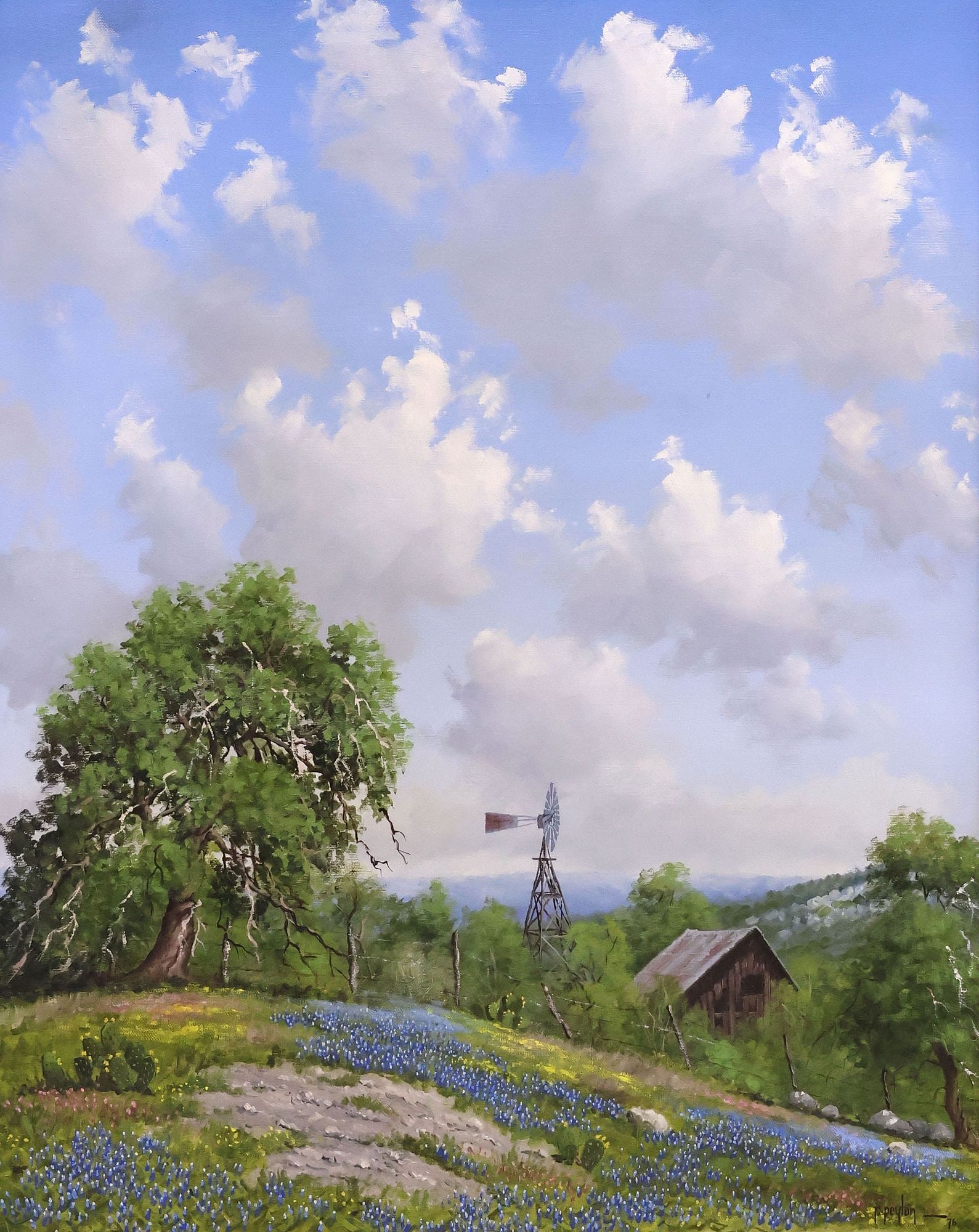 RANDY PEYTON (TEXAS, B.1958) PAINTING, BLUEBONNETS LANDSCAPE, 30" X 24": Framed oil on canvas painting, Barn with Bluebonnets, signed lower right R. Peyton (Randy Peyton, Texas, Italy, b.1958), dated [19]76, sight: approx 29.5"h, 23 5/8"w, overall: approx 38.5"h, 32.5"w, 7