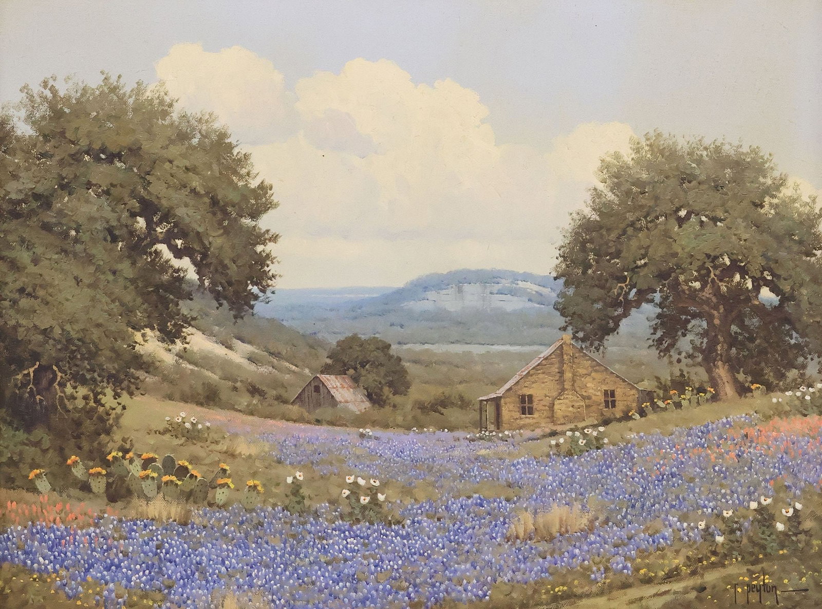 RANDY PEYTON (TEXAS, B.1958) OIL PAINTING, BLUEBONNET LANDSCAPE: Framed oil on canvas painting, Texas Hill Country Bluebonnet Landscape, signed lower right R. Peyton (Randy Peyton, Texas, b.1958), additional signature and inscription verso, sight: approx 17.25"h, 2