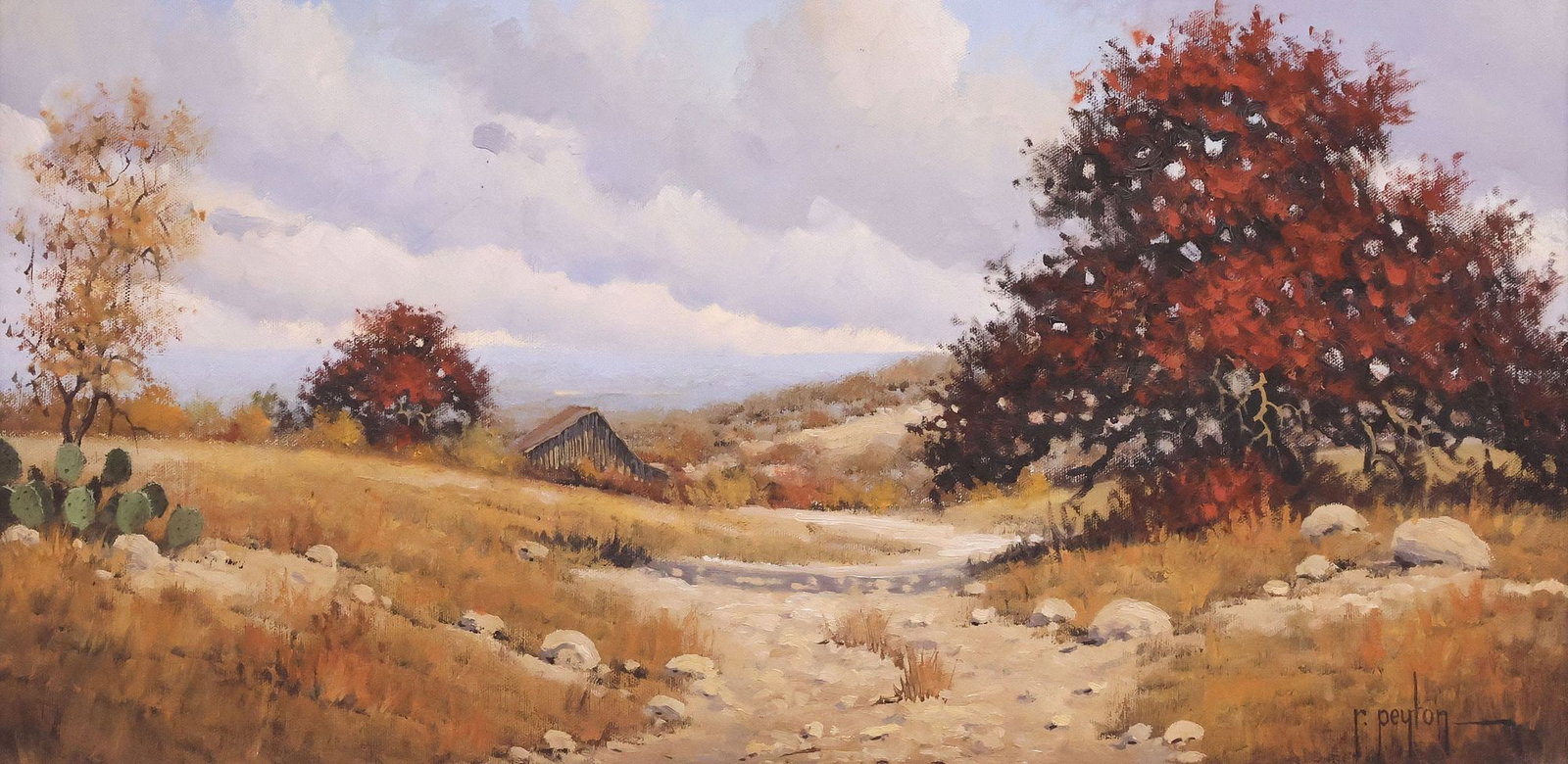 RANDY PEYTON (TEXAS, B.1958) OIL PAINTING, AUTUMN LANDSCAPE, 12" X 24": Framed oil on canvas painting, Texas Autumn Landscape, signed lower right R. Peyton (Randy Peyton, Texas, Italy, b.1958), sight: approx 11.75"h, 23.75"w, overall: approx 14 7/8"h, 27"w, 2.5lbs