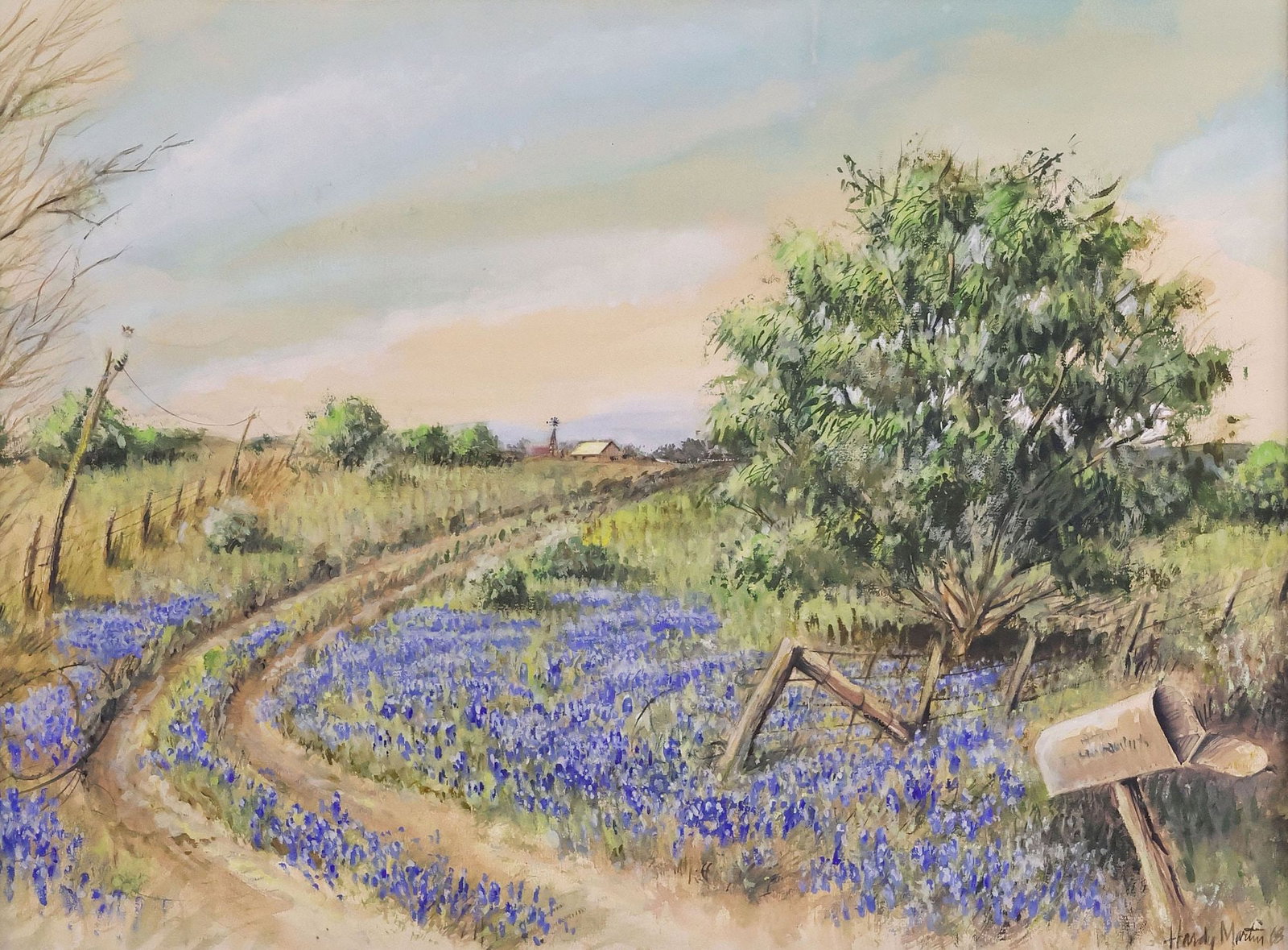 HARDY MARTIN (TEXAS, D.2022) OIL PAINTING, TEXAS BLUEBONNET COUNTRY ROAD: Framed oil on board painting, Texas Blue Bonnet Country Road, signed and dated lower right corner Hardy Martin (American, Texas, 1942-2022), dated [20]18, sight: approx 17.5“h, 23.5“w, ove