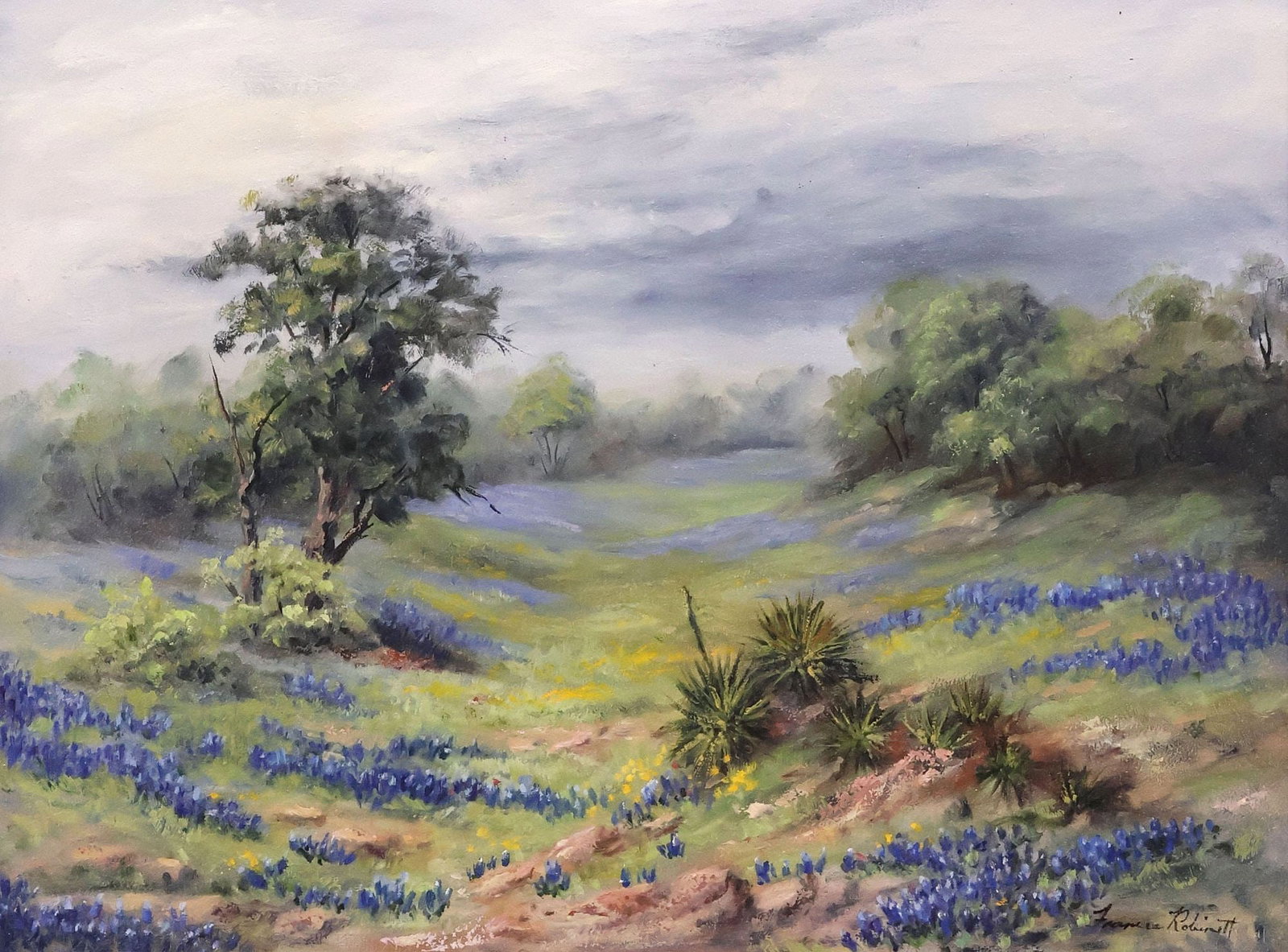 FRANCES ROBINETT (TEXAS, 20TH C.) OIL PAINTING, BLUEBONNETS LANDSCAPE: Framed oil on Masonite painting, Texas Bluebonnet Landscape, signed lower right Frances Robinett (Texas, 20th c.), sight: approx 17 5/8"h, 23 5/8"w, overall: approx 25 3/8"h, 31.25"w, 7.25lbs