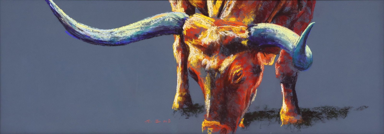 LARGE SIGNED PASTEL DRAWING, WESTERN LONGHORN GRAZING, 35"W: Framed pastel on paper drawing, Longhorn Grazing, signed lower right illegibly, dated 2006, not examined out of frame, sight: approx 12"h, 35"w, overall: approx 44.25"h, 22"w, 13.5lbs