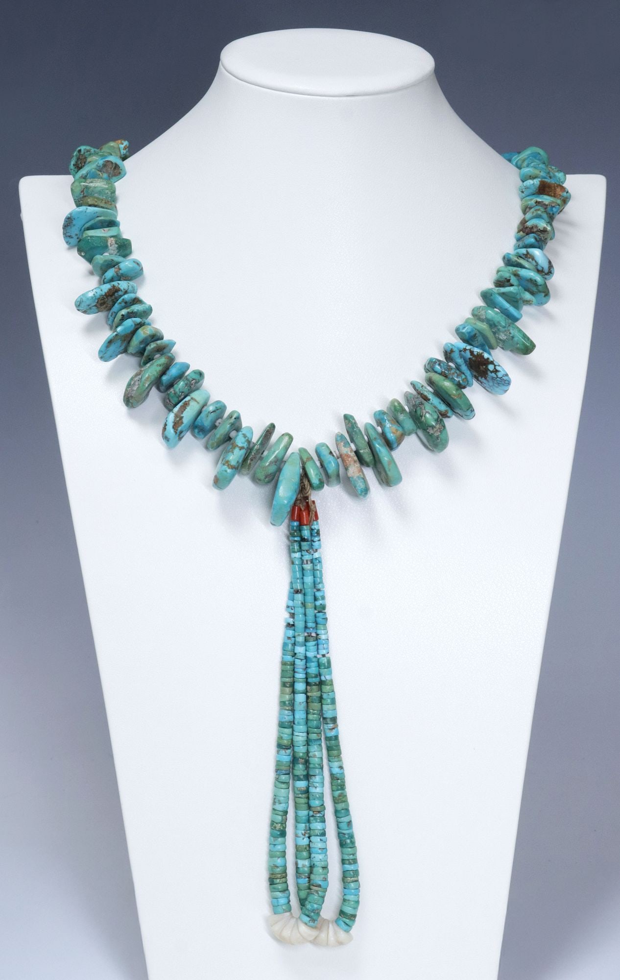 HEAVY NATIVE AMERICAN PUEBLO TURQUOISE NUGGET JACLA NECKLACE: Native American Pueblo Jocla necklace, graduated turquoise nuggets, accented with red coral beads, strands wrapped with cotton thread at neck, Jocla pendent having tapered turquoise and shell heishi b