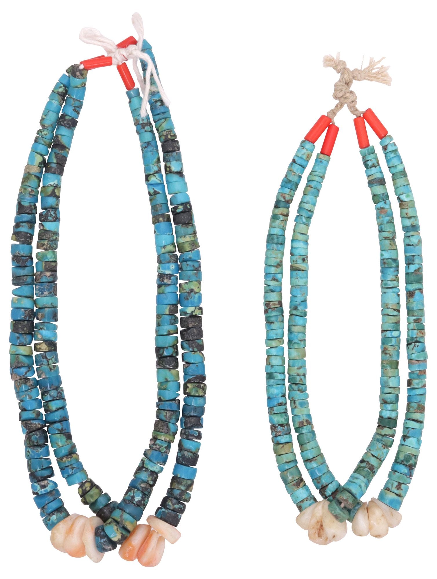 (2 PAIRS) NATIVE AMERICAN PUEBLO TURQUOISE BEADED JACLA PENDANTS: (2 pairs) Native American Pueblo beaded Jacla/ Jocla earring pendants, each having graduated turquoise disc beads and red coral terminals, on woven cord, including: (pair) with central spiny oyster be