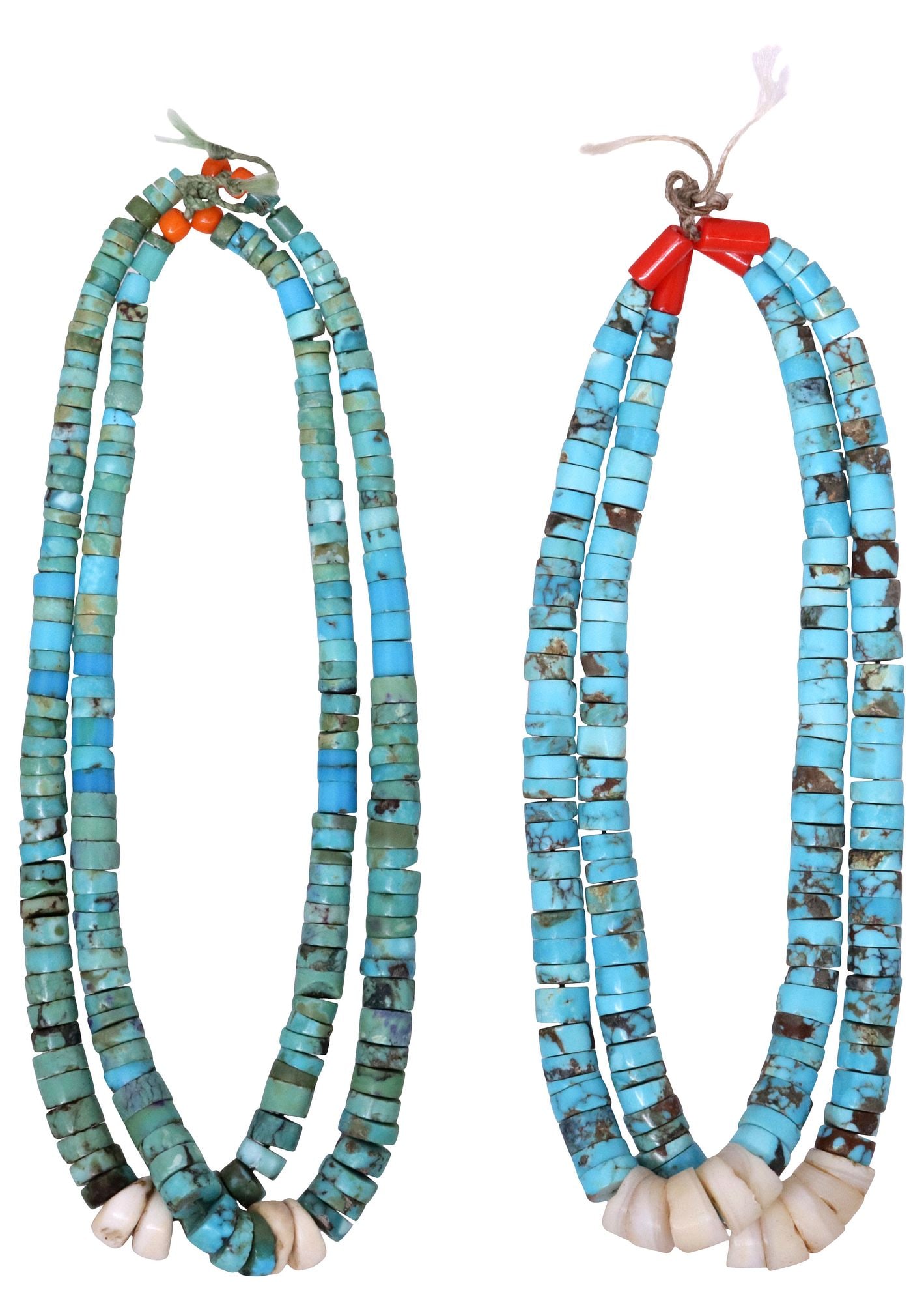 (2 PAIRS) NATIVE AMERICAN PUEBLO TURQUOISE BEADED JACLA PENDANTS: (2 pairs) Native American Pueblo beaded Jacla/ Jocla earring pendants, each having graduated turquoise disc beads and red coral terminals, with central tapering shell beads, on woven cord, including: 