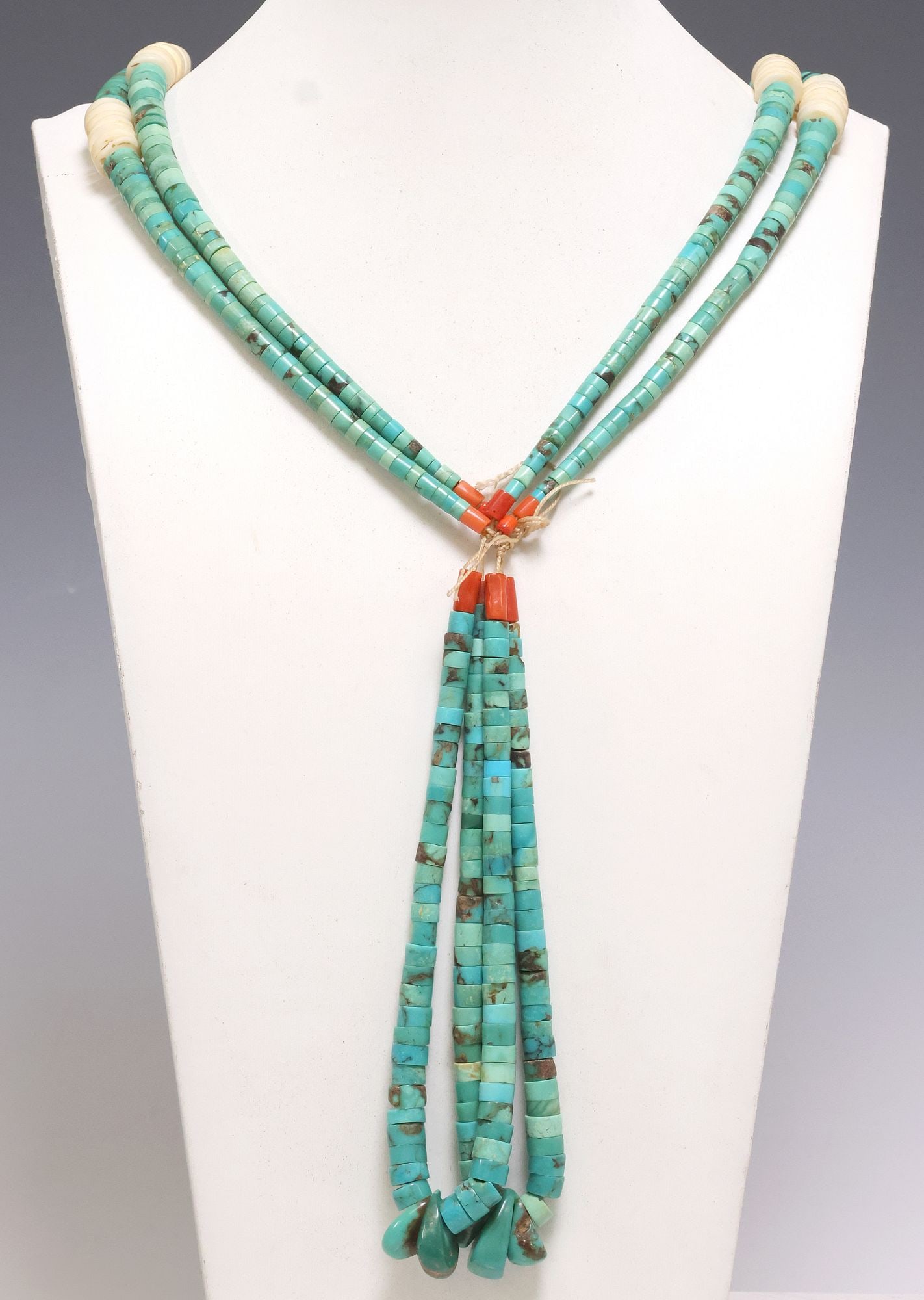 NATIVE AMERICAN PUEBLO 2-STRAND TURQUOISE DISC & SHELL BEADED JACLA NECKLACE: Native American Pueblo multi-strand beaded Jocla necklace, double-strand necklace with graduated turquoise and shell heishi beads, red coral accent beads, on woven cord, attached with matching Jocla p