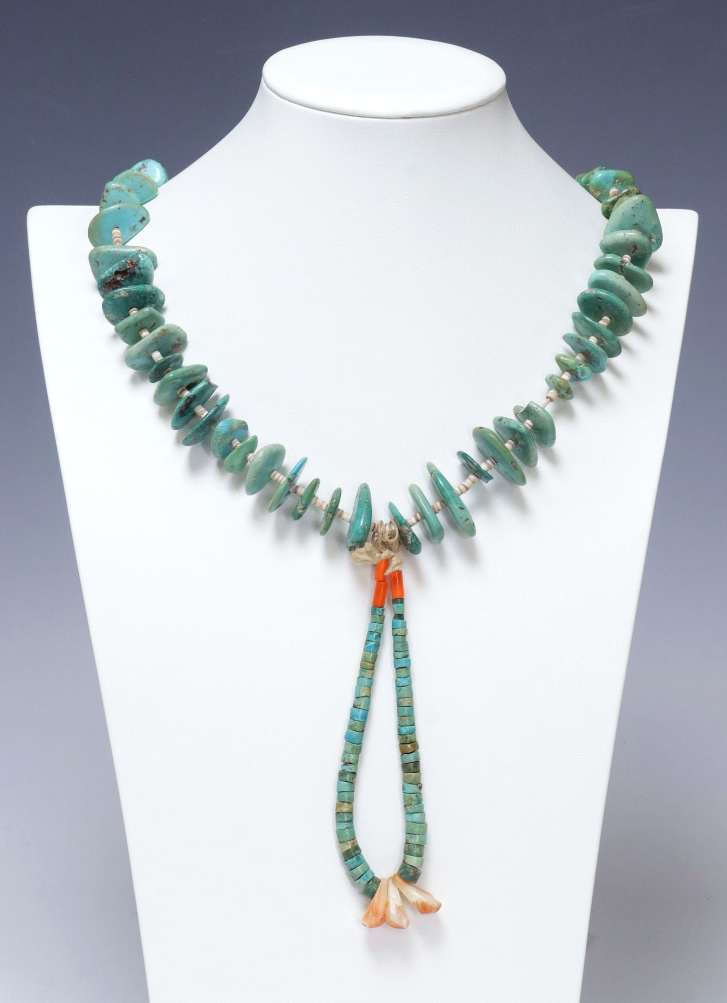 NATIVE AMERICAN PUEBLO TURQUOISE NUGGET JACLA NECKLACE: Native American Pueblo beaded necklace, beaded turquoise nuggets, interspersed with heishi shell beads, Jocla pendant having tapered turquoise and shell beads, orange tubular beaded accents, a few bea