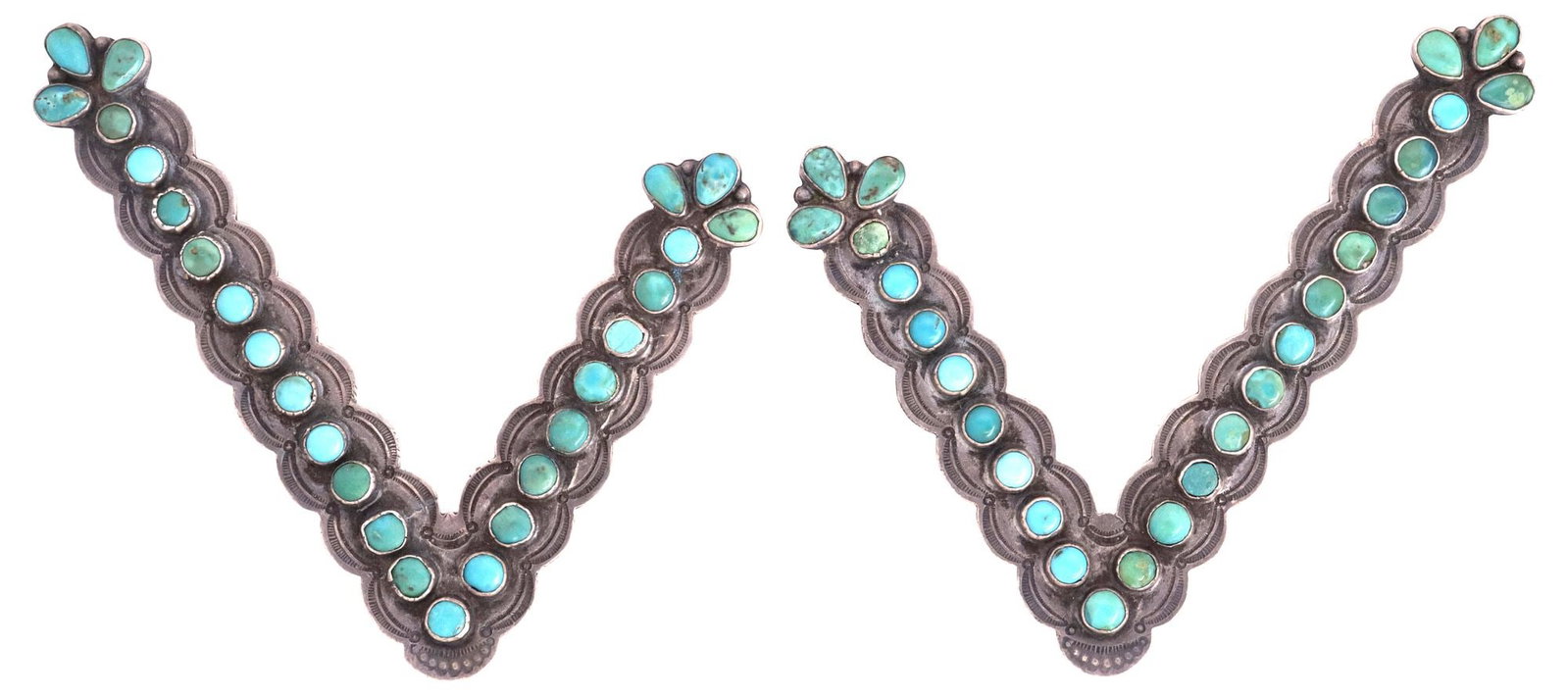 (PAIR) NATIVE AMERICAN SILVER & TURQUOISE CABOCHON COLLAR TIPS: (pair) Native American silver (content unknown) and turquoise collar tips, each scalloped plaque with stampwork border, with (twenty-six) bezel-set turquoise cabochons, one cabochon flattened, approx 