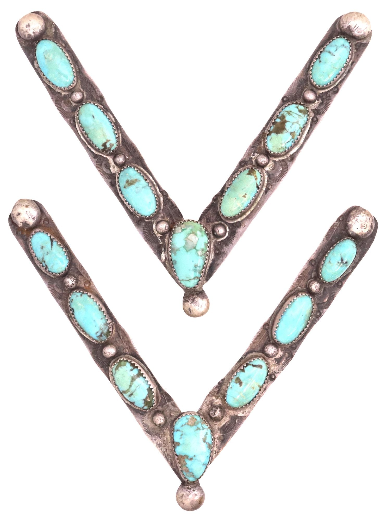 (PAIR) LARGE NATIVE AMERICAN SILVER & TURQUOISE CABOCHON COLLAR TIPS: (pair) Large Native American silver (content unknown) and turquoise collar tips, having silver beads and scalloped stampwork motifs, with (seven) bezel-set turquoise cabochons, one bezel with loss to 