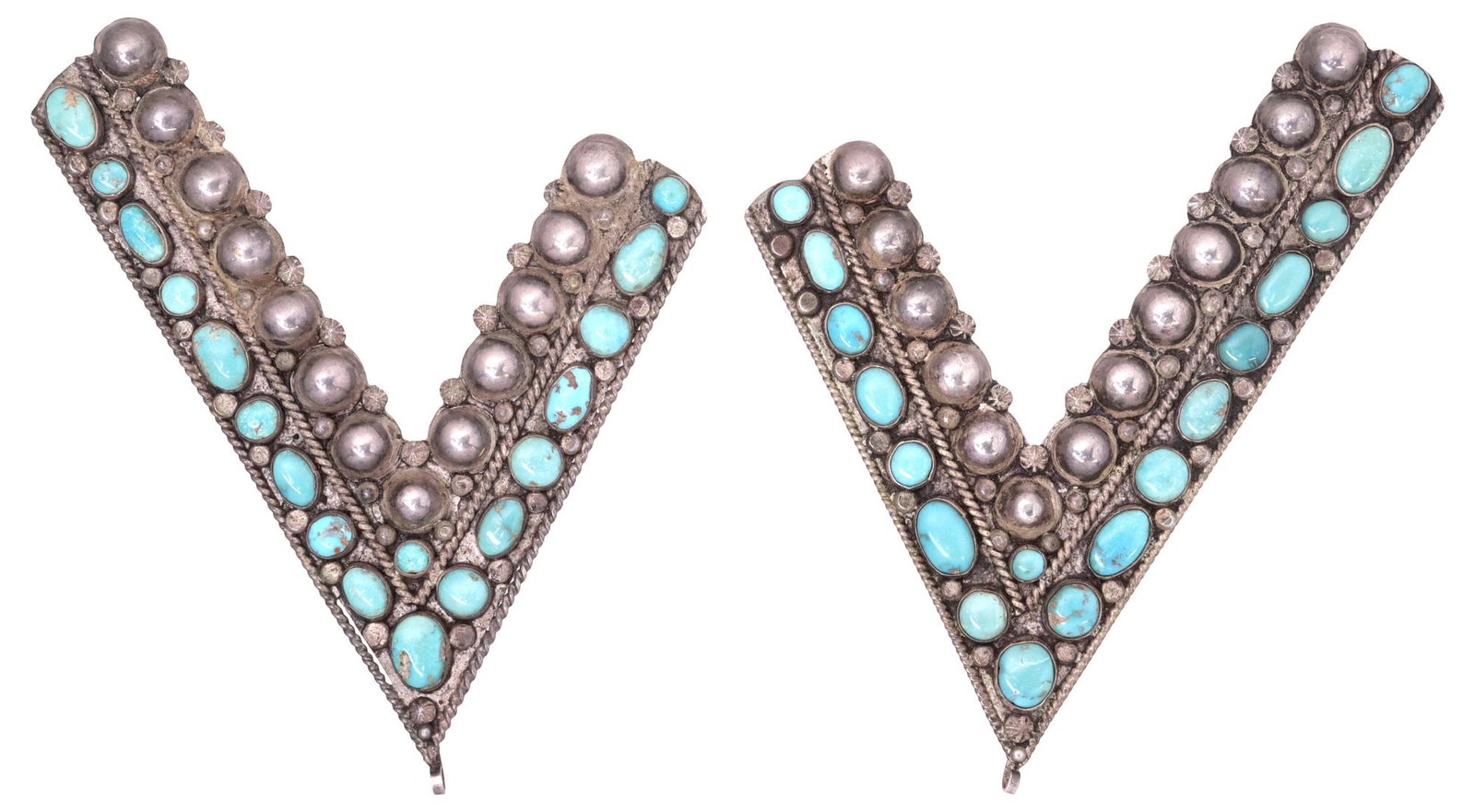 (PAIR) NATIVE AMERICAN SILVER & TURQUOISE CABOCHON COLLAR TIPS: (pair) Native American silver (content unknown) and turquoise collar tips, each having beaded silver accents and twisted rope trim, with (eighteen) bezel-set turquoise cabochons, approx 4"l, 3 1/8"w, 