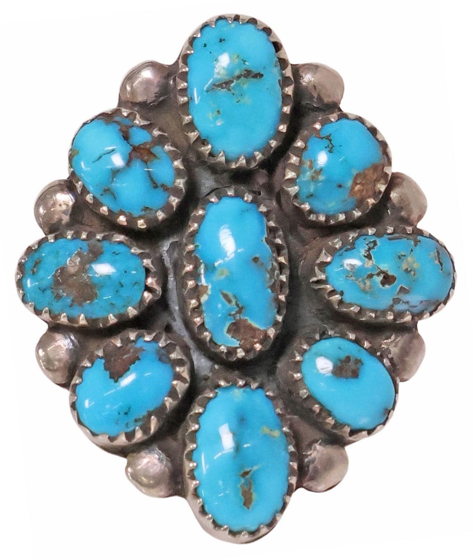 SIGNED NATIVE AMERICAN SILVER & TURQUOISE CABOCHON CLUSTER RING: Native American silver (content unknown) and turquoise ring, having nine radiating turquoise cabochons in serrated bezels, with beaded accents, unidentified maker's mark at interior, approx size 7, 9.