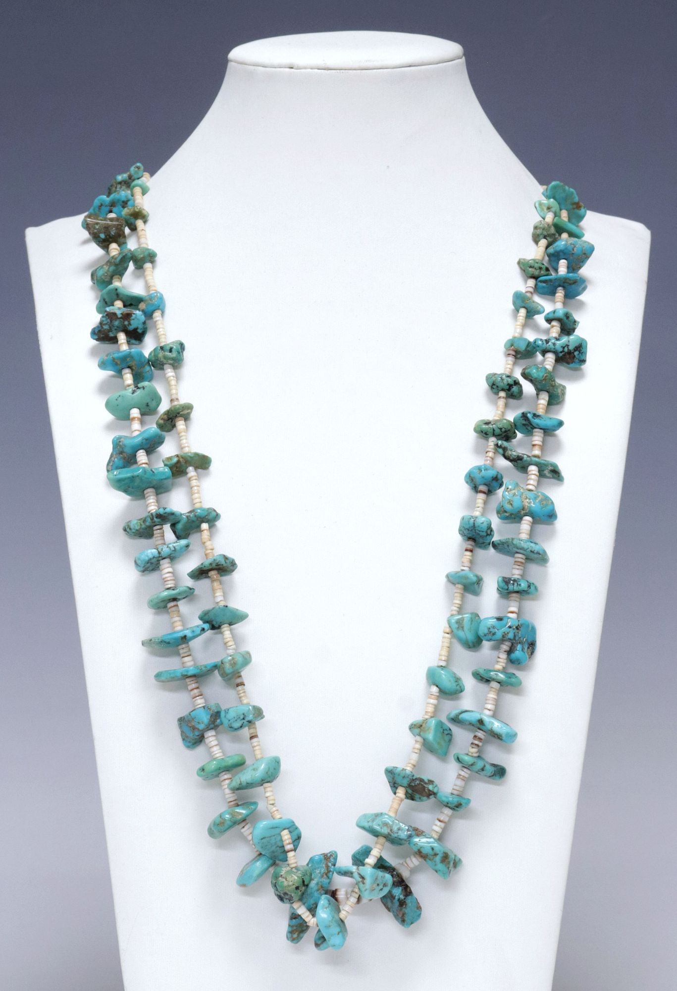 NATIVE AMERICAN DUAL-STRAND TURQUOISE STONE & SHELL HEISHI BEAD NECKLACE: Native American beaded necklace, dual strands of free-form turquoise stones interspersed with shell heishi beads, on tied thread, approx 30"l, 106.5 grams **Provenance: The Dagmar Grieder Collection o