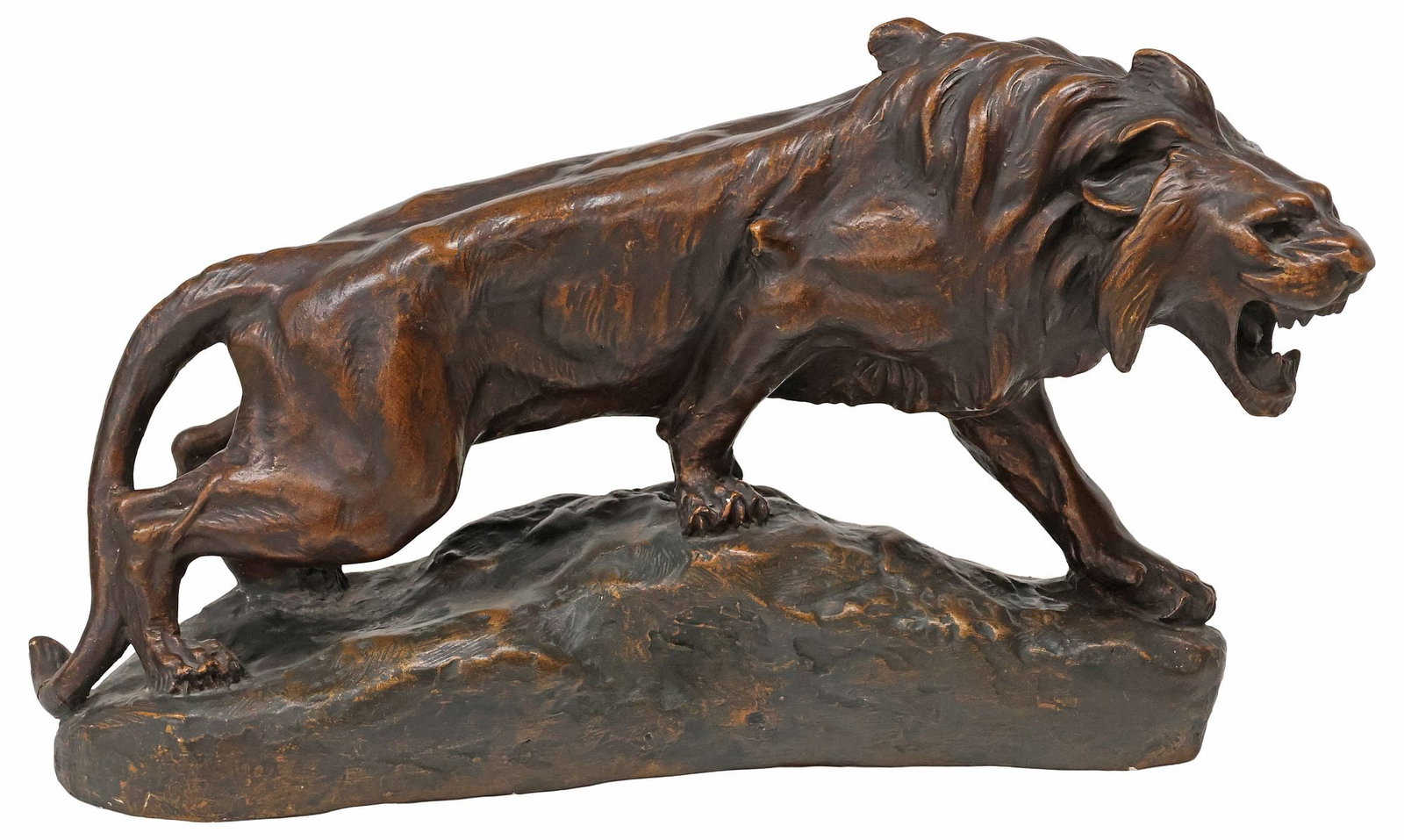 AFTER THOMAS FRANCOIS CARTIER (D.1943) CAST SCULPTURE, ROARING LION: Cast composite wildlife sculpture, Roaring Lion, signed in cast after Thomas Francois Cartier (French, 1879-1943), in a painted patina, on integral naturalistic base, approx 12"h, 20"w, 6.5&