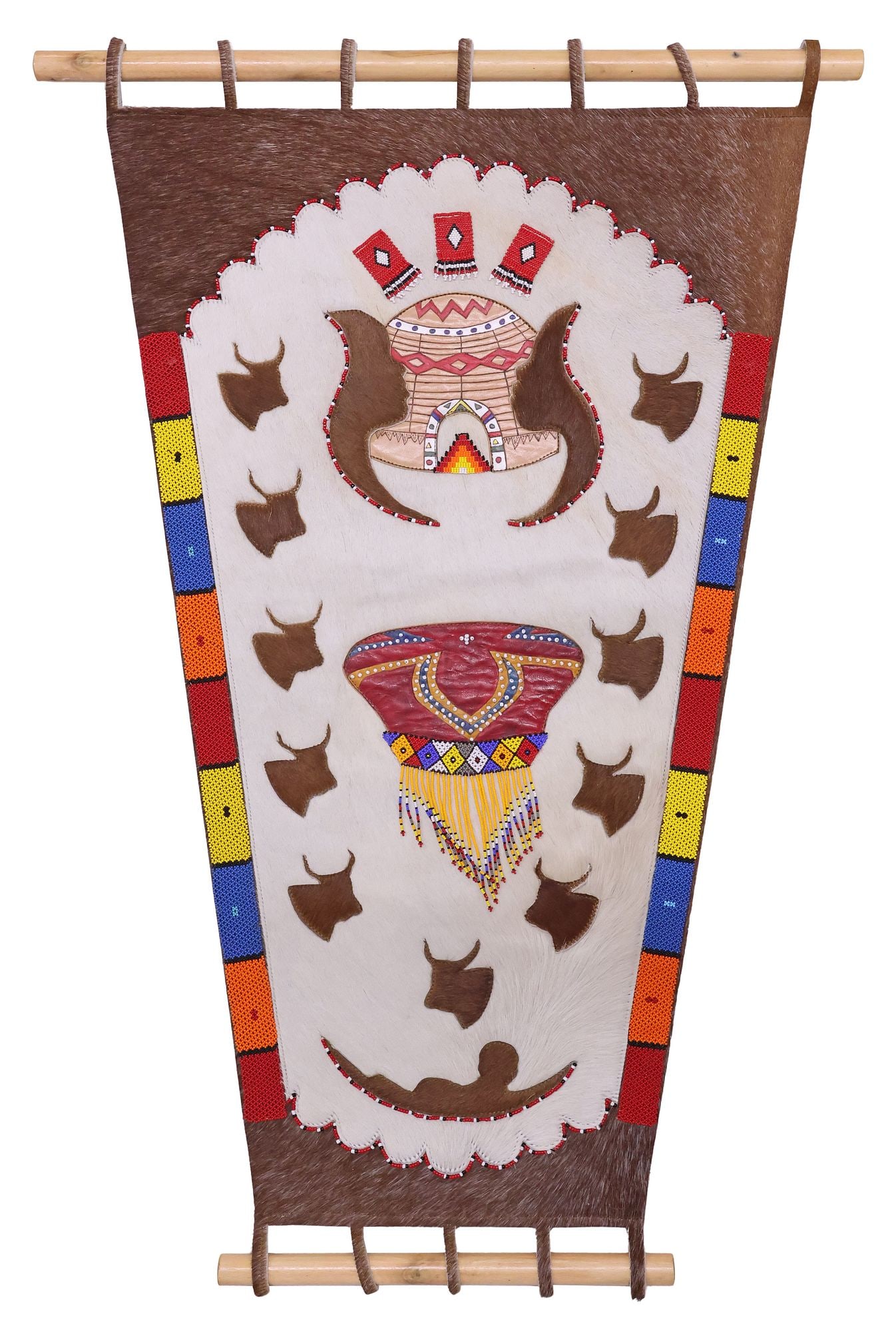 AFRICAN STITCHED & BEADED COWHIDE WALL-HANGING, ZULU LOVE, 38.5"H: Decorative African stitched hide wall-hanging picture, Zulu Love and Marriage, attributed to Master Beader MaNtuli (KwaZulu Natal, 20th c.), depicting the South African marriage custom of Lobola (Lobo